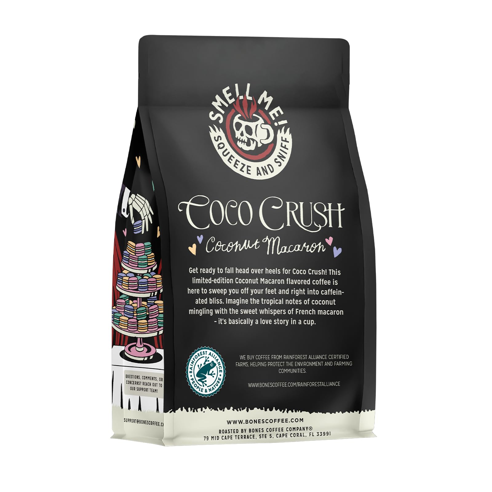 Bones Coffee Company Cinnamon Roll Flavored Coffee, Medium Roast Low Acid Arabica Beans Compatible with Auto drip and French Press Coffee Maker, 12 Oz Whole Bean