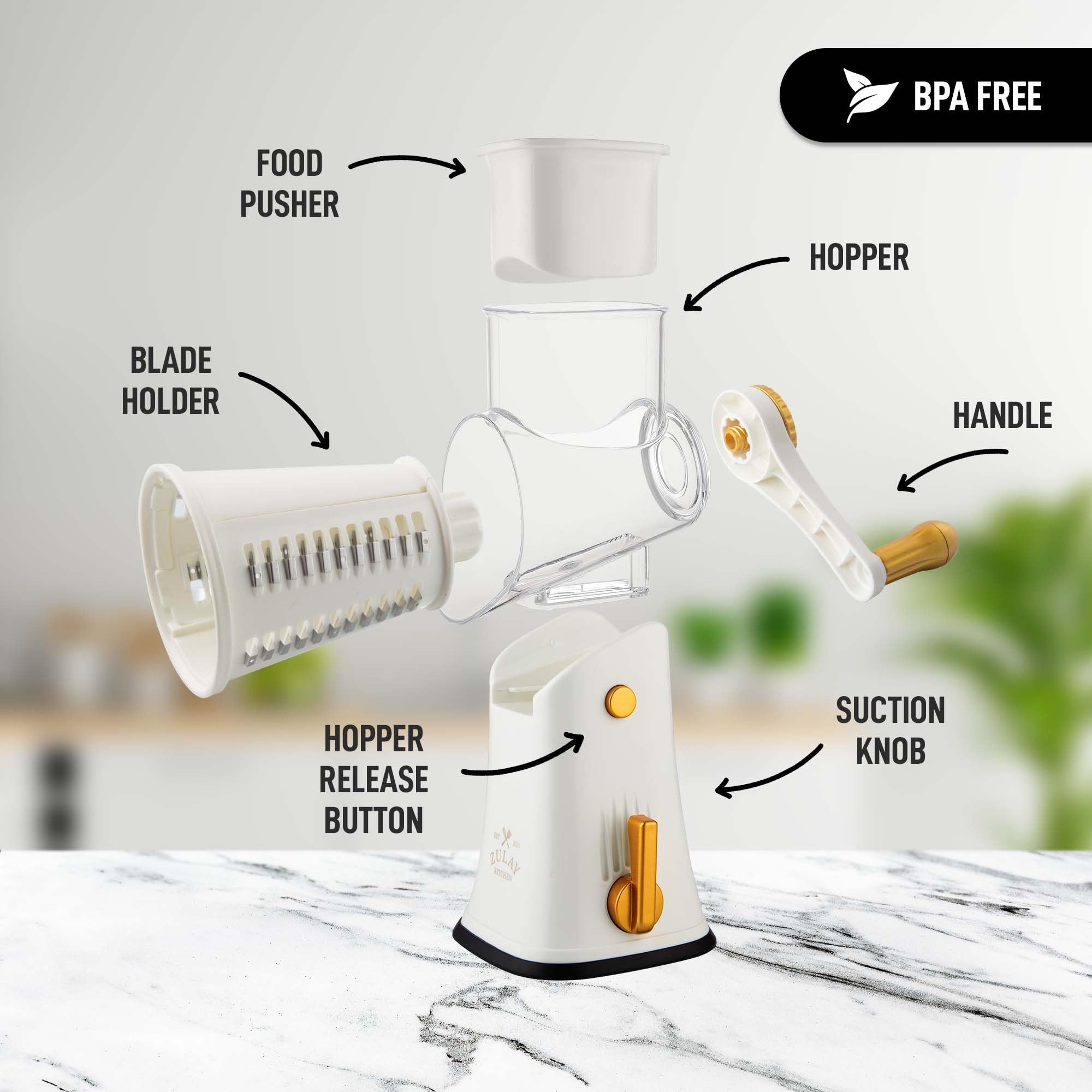 Zulay Kitchen Rotary Cheese Grater 5 Blade Cheese Shredder - Manual Hand Crank Cheese Grater With Reinforced Suction & 5 Interchangeable Drums - Easy to Use, Vegetable Chopper Round Mandoline Slicer