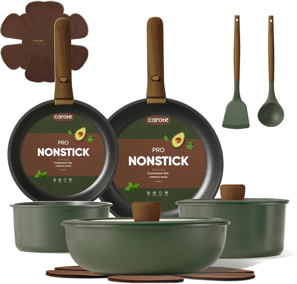CAROTE 15pcs Pots and Pans Set, Nonstick Cookware Set Detachable Handle, Induction Kitchen Cookware Sets Non Stick with Removable Handle, RV Cookware Set, Oven Safe