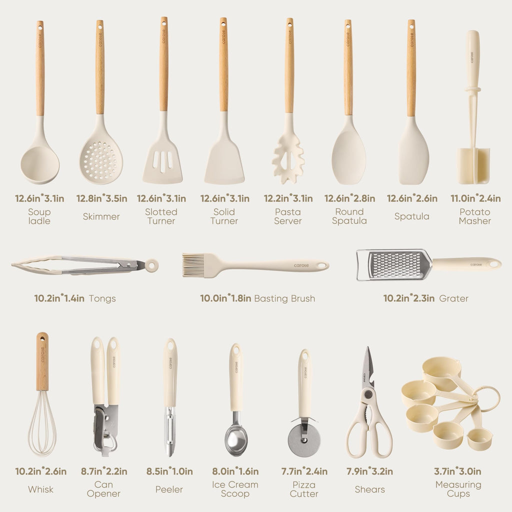 CAROTE Silicone Cooking Utensils Set for Nonstick Cookware, 446°F Heat Resistant Kitchen Utensil Set with Wooden Handle 10pcs, Spatula, Turner, Spoon, Tongs, Whisk