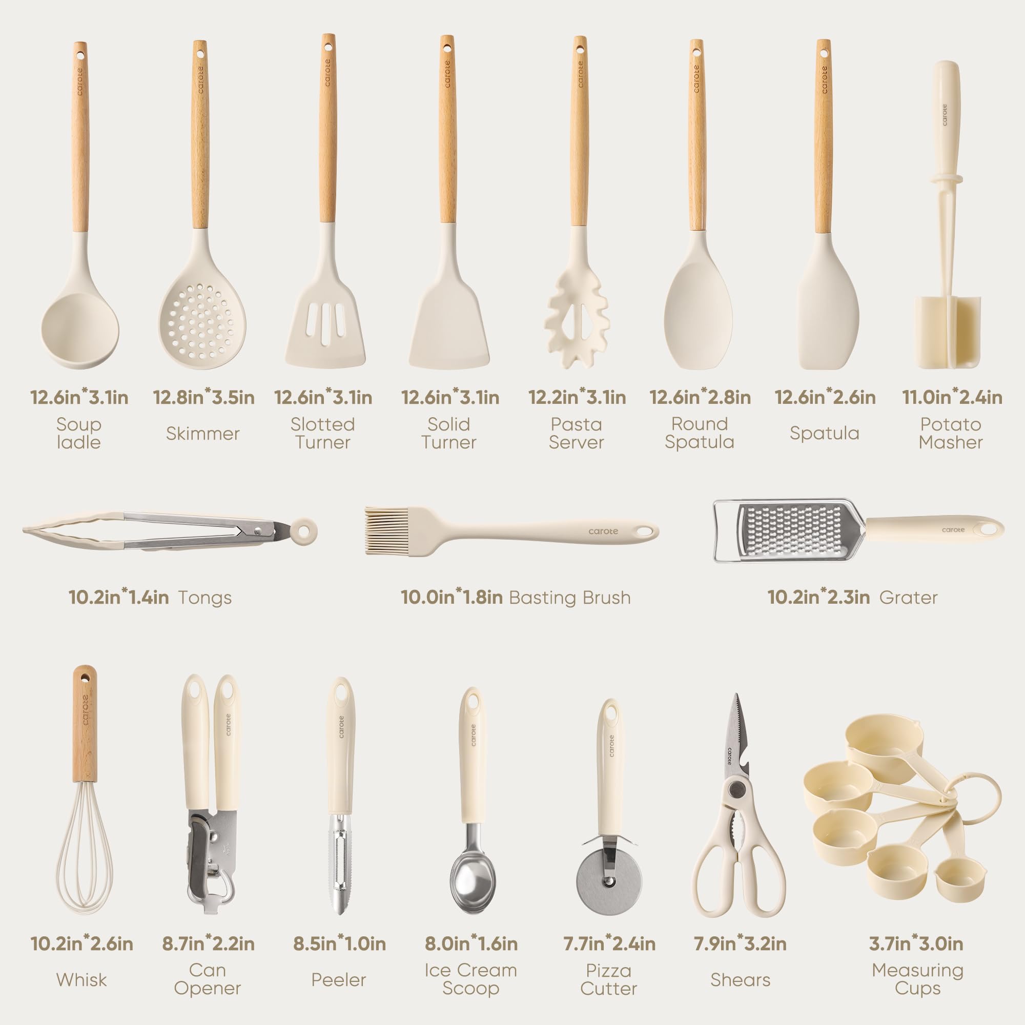 CAROTE Silicone Cooking Utensils Set for Nonstick Cookware, 446°F Heat Resistant Kitchen Utensil Set with Wooden Handle 10pcs, Spatula, Turner, Spoon, Tongs, Whisk
