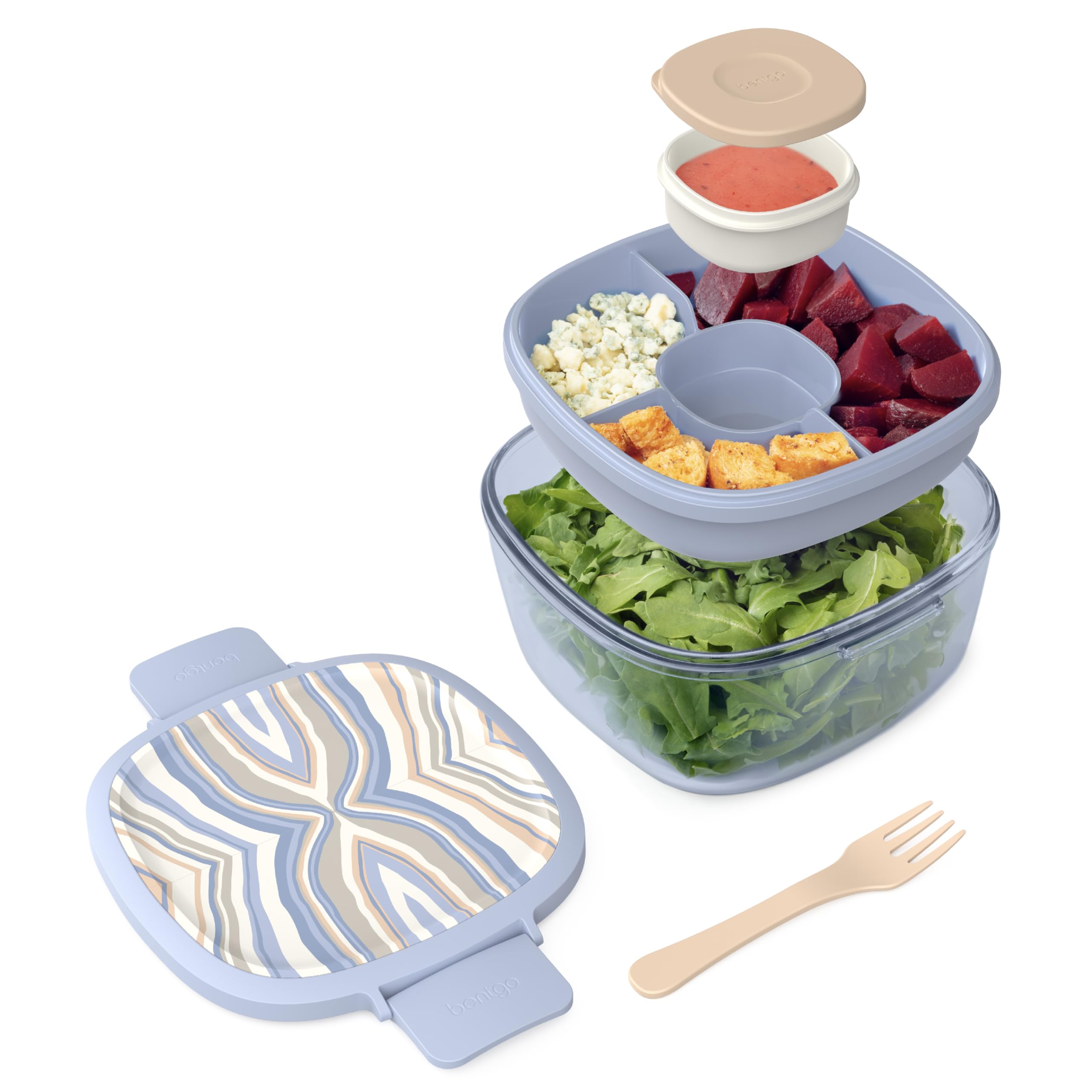 Bentgo Glass Salad Container - 7.6-Cup Salad Bowl with Airtight Lid, Leak-Proof Sauce Container, 4-Compartment Bento Tray & Reusable Fork - BPA-Free for Meal Prep, Office & More (Lavender)