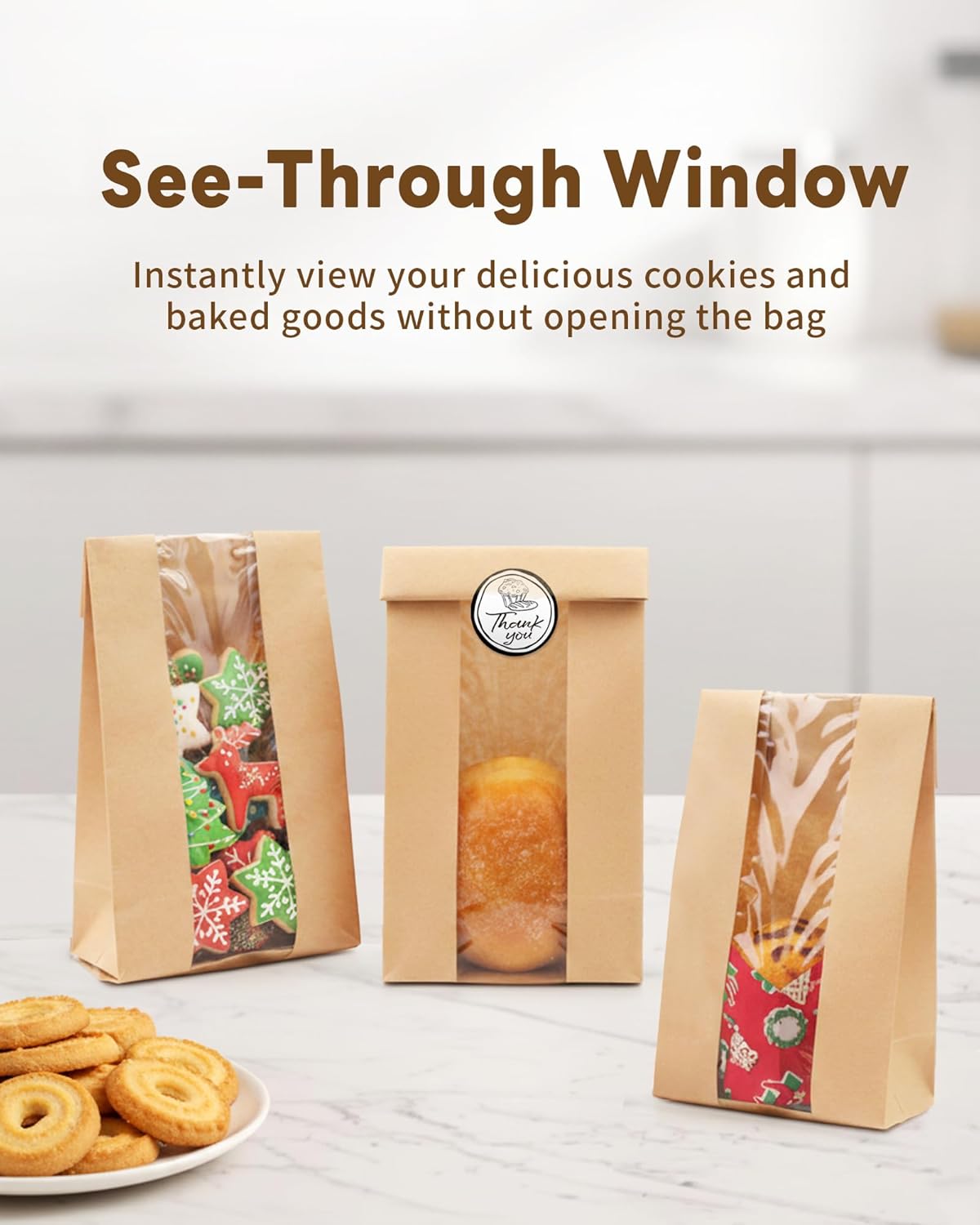 50 PCS Small Cookie Bags with Seal, 3.5"x 2.3"x7.5" Kraft Brown Paper Bags with Stickers, Bakery Bag for Snack, Cupcake, Coffee Bean, Party Favor, Cookie Packaging