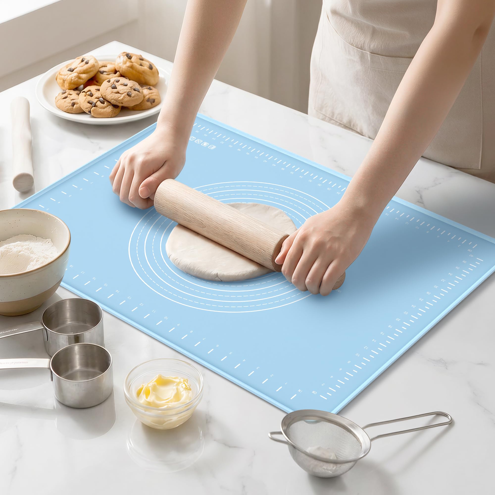 Silicone Baking Mat 28x20 Inches | Extra Thick Dough Rolling Mat with Measurements and Edge Heightening | Non-Stick Food Grade Pastry Mat for Pastry, Bread, Cookies, Pizza, Fondant & Pasta