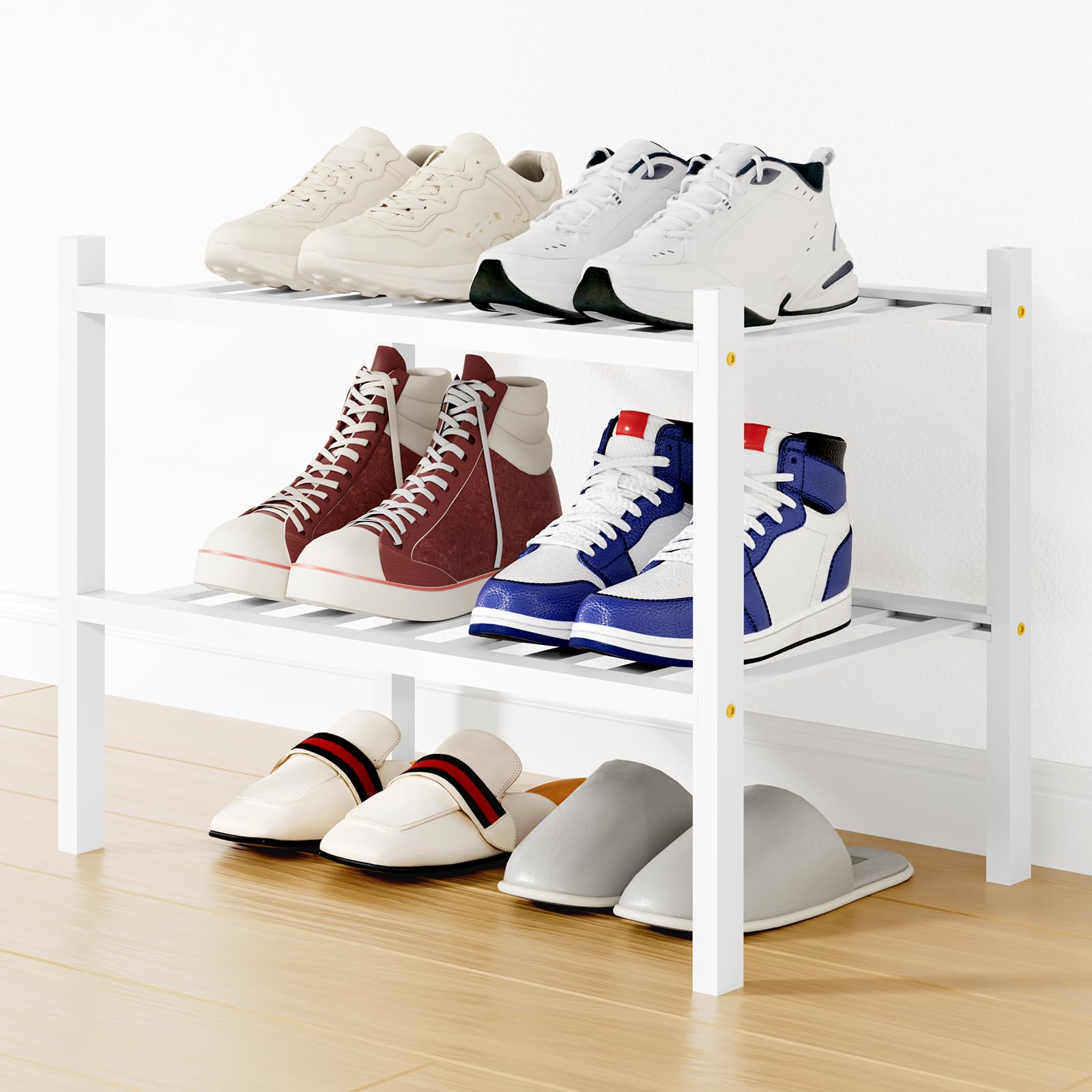 Smiry Shoe Rack, 3 Tier Bamboo Shoe Organizer, Stackable Free Standing Wooden Shoe Storage Shelf for Closet, Entryway, Front Door Entrance, Natural