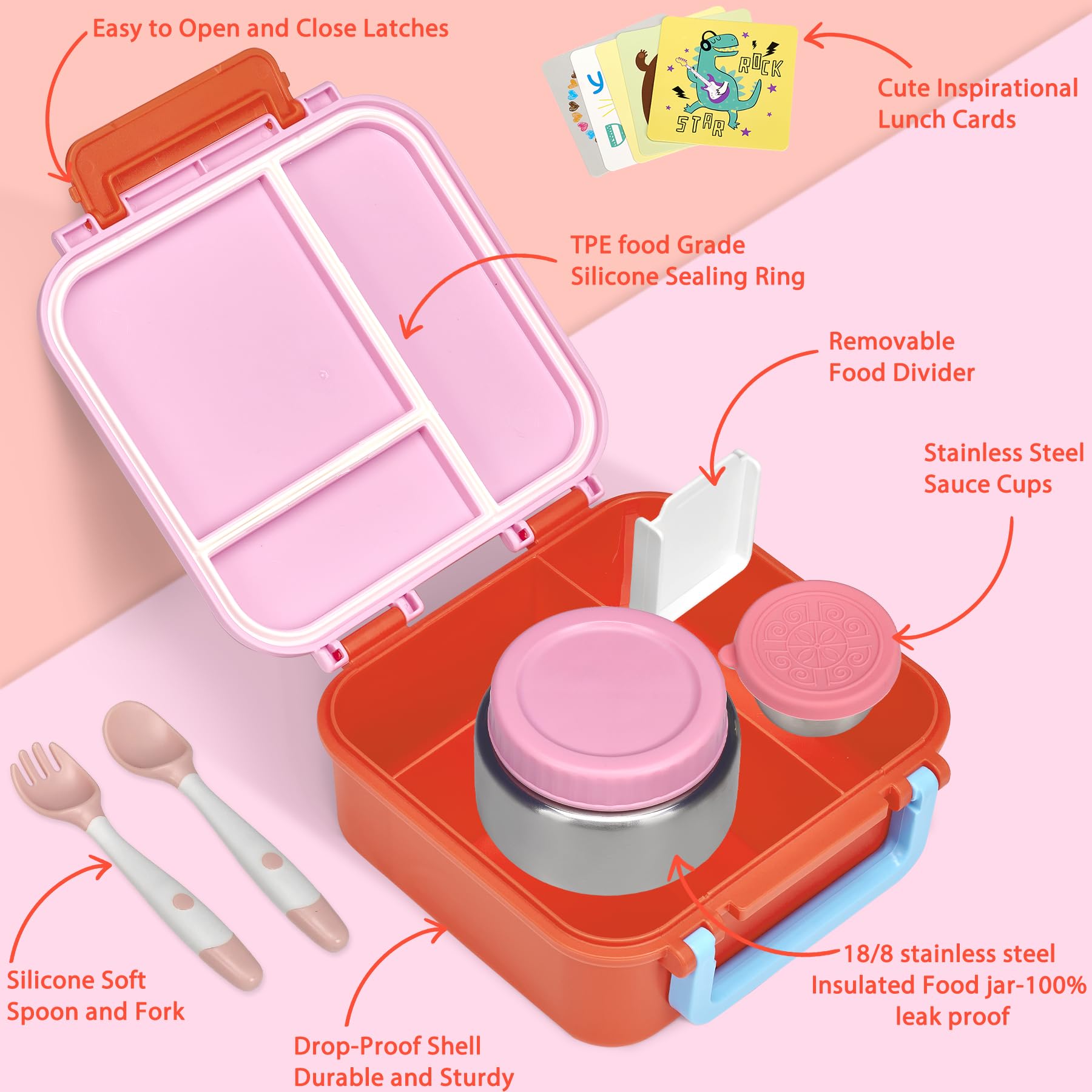 Kids Bento Lunch Box with 9oz Soup Thermo Leakproof Lunch Food Containers 4 Compartment with Insulated Hot Food Jar for Kid Toddler Girls Boys to School Trvael
