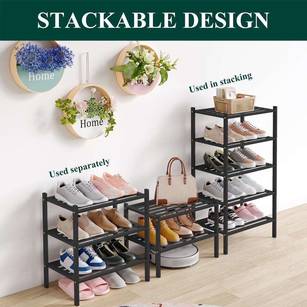 Smiry Bamboo Shoe Rack 3-Tier, Stackable Wooden Shoe Organizer for Entryway & Closet, Free Standing Wood Shoe Storage Shelf for Front Door & Small Spaces, Natural