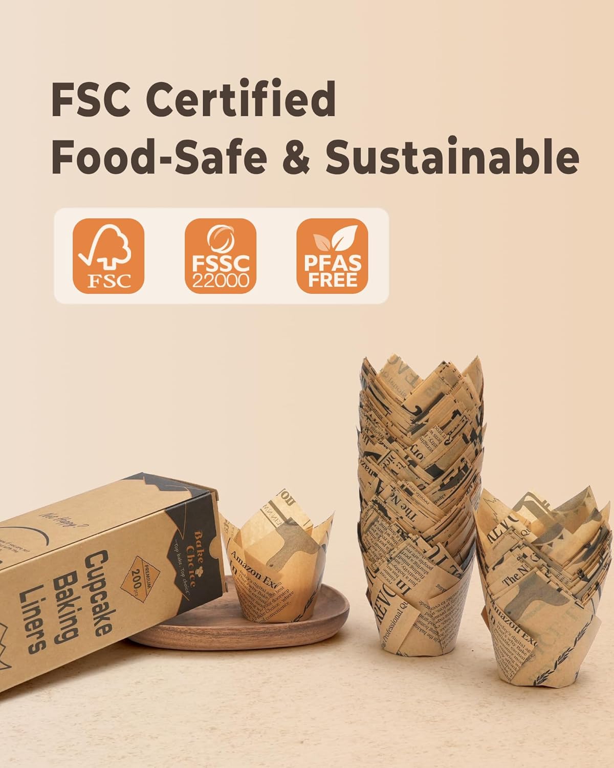 200pcs Standard Tulip Cupcake Liners for Baking, Newspaper Print Parchment Paper Muffin Liners, Grease Resistant Cupcake Wrappers for Parties, Weddings, Birthdays