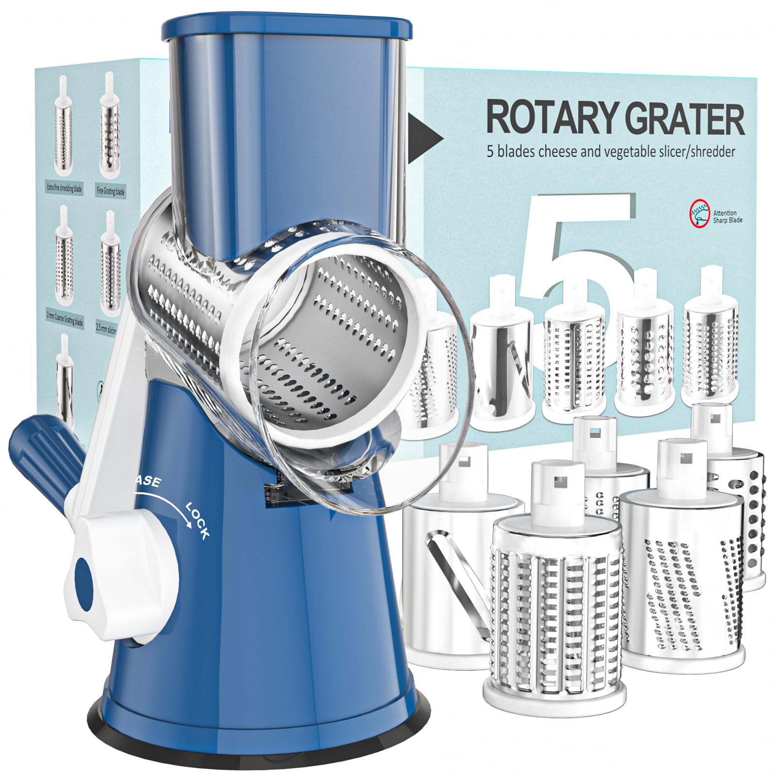 Cambom 5 in 1 Rotary Cheese Grater Hand Crank Cheese Shredder for Fresh Cheese, Vegetable, Nuts,Non-slip Suction Base, Black