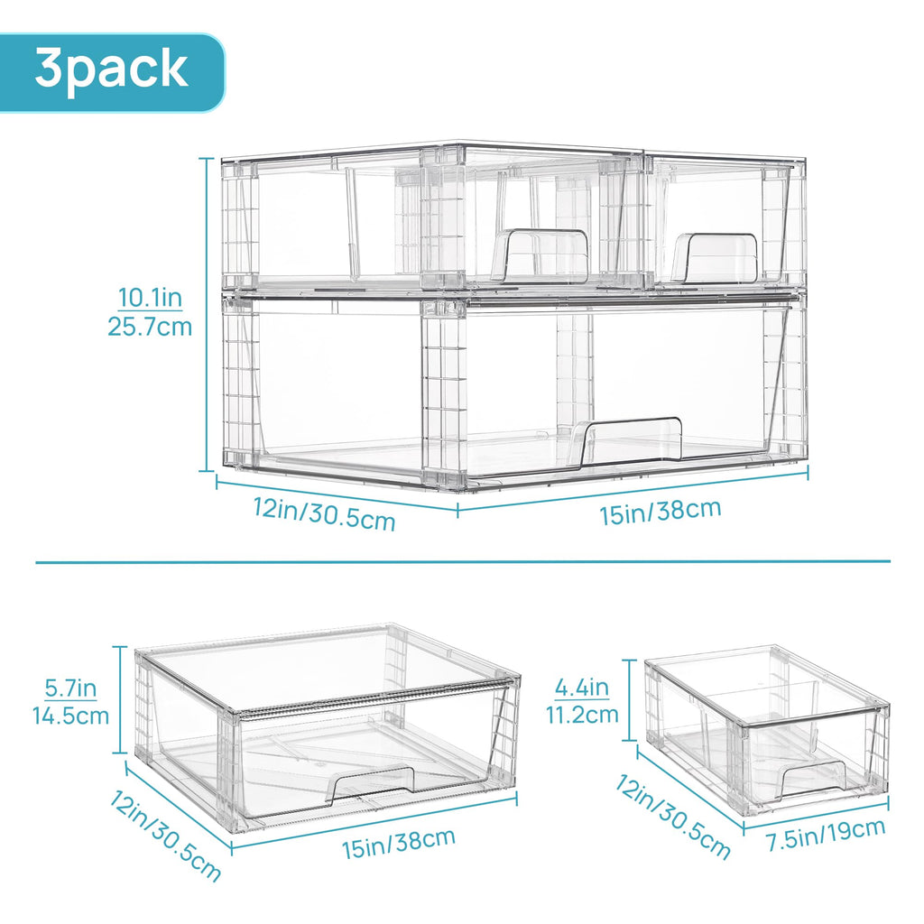 Vtopmart 3 Pack Stackable Storage Drawers, Easily Assemble Acrylic Bathroom Undersink Organizers,Clear Plastic Storage Bins for Closet,Cabinet,Pantry,Medicine Organization