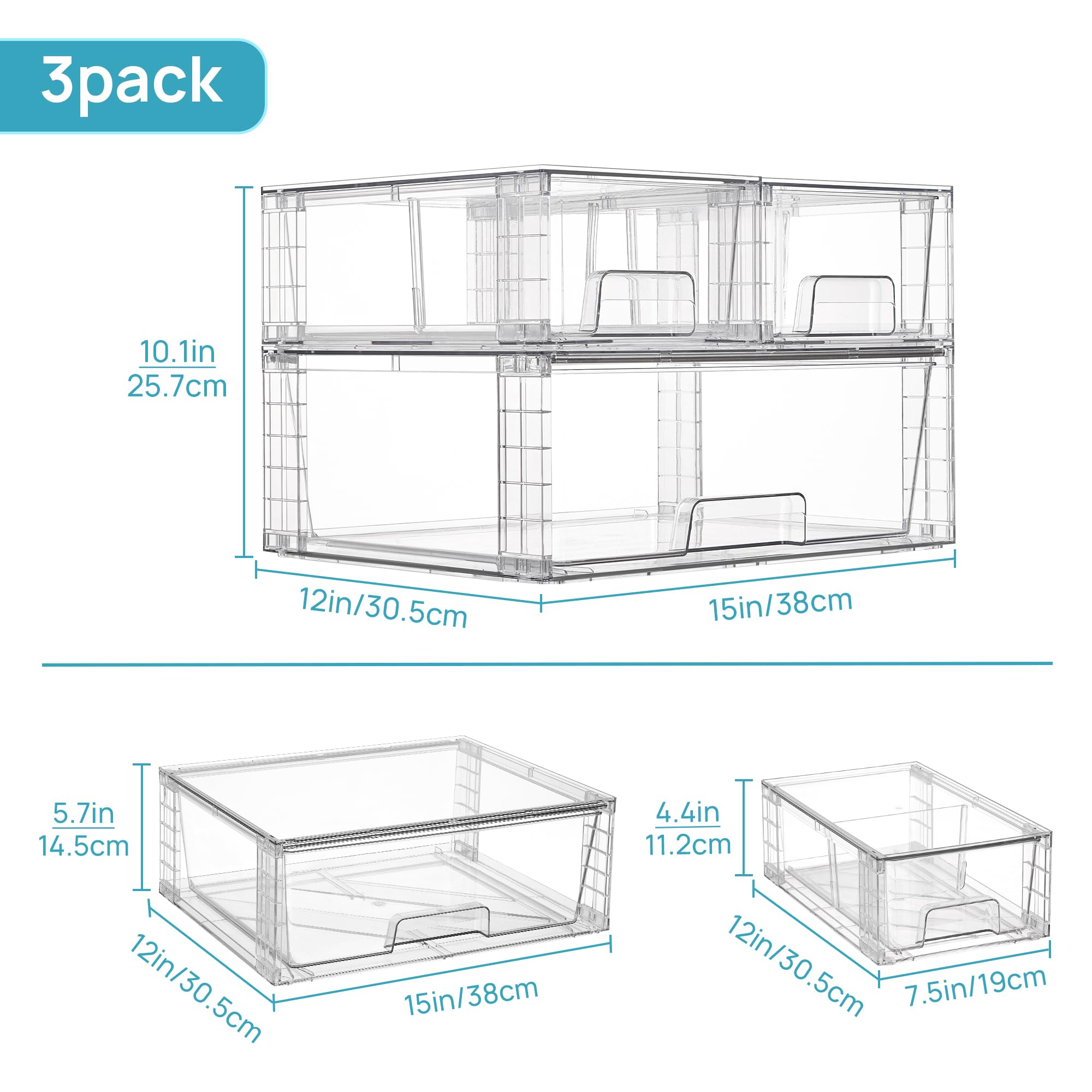 Vtopmart 3 Pack Stackable Storage Drawers, Easily Assemble Acrylic Bathroom Undersink Organizers,Clear Plastic Storage Bins for Closet,Cabinet,Pantry,Medicine Organization