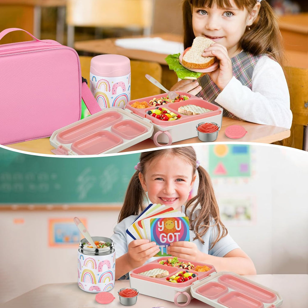 Bento Lunch Box for Kids with 12oz Soup Thermo Leak-Proof Lunch Food Container with 5 Compartment Thermo Hot Food Jar and Insulated Lunch Bag for Kid Toddler Girls Boys to School