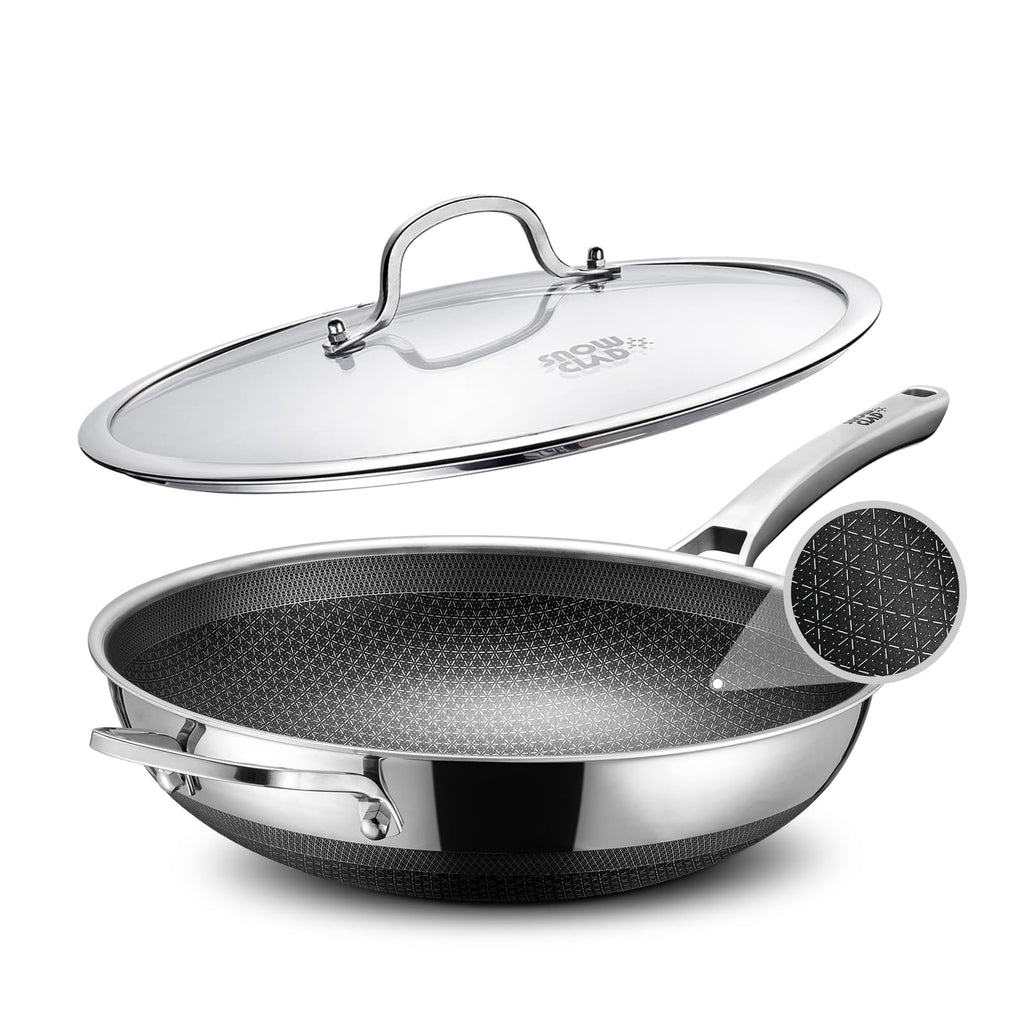 SNOWCLAD Wok, 13 Inch Hybrid Woks & Stir-fry Pans Nonstick, Non Toxic Stainless Steel Wok Pan with Lid, Dishwasher Induction Oven Broiler Safe, PFOA Free Cookware Non Stick