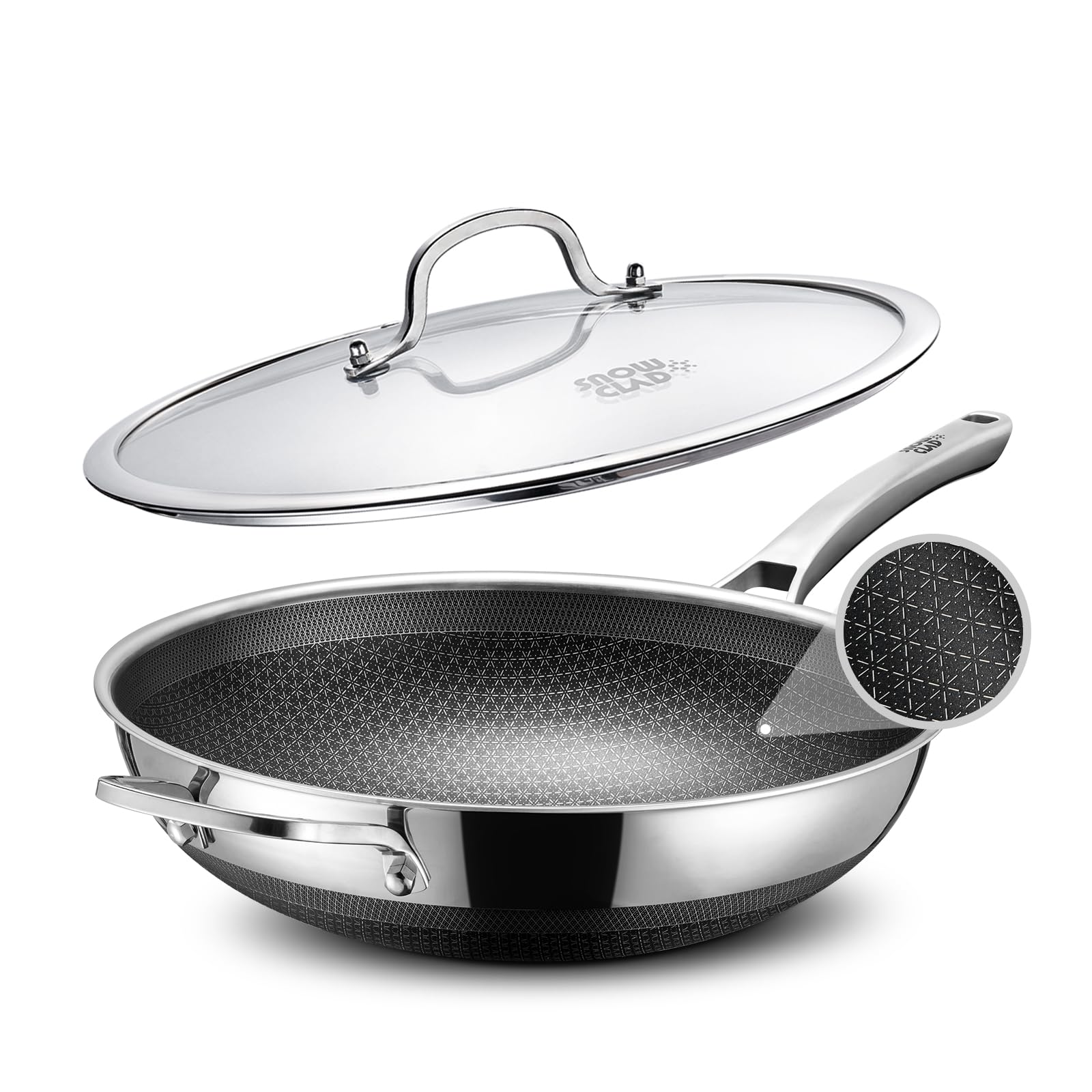 SNOWCLAD Wok, 13 Inch Hybrid Woks & Stir-fry Pans Nonstick, Non Toxic Stainless Steel Wok Pan with Lid, Dishwasher Induction Oven Broiler Safe, PFOA Free Cookware Non Stick