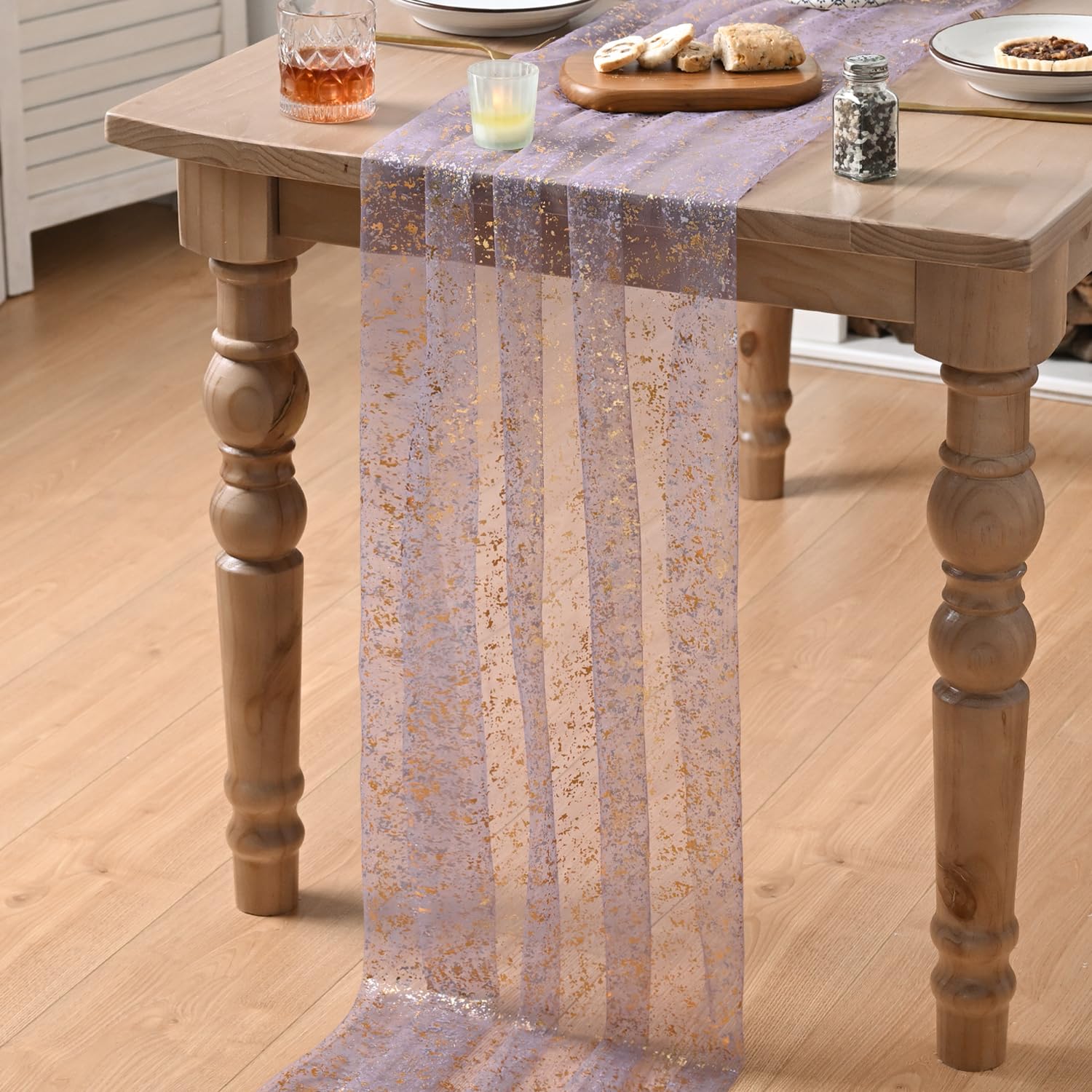 Artoid Mode Beige Gold Gauze Table Runner 120 Inch 10FT, Glitter Metallic Foil Sheer Dining Wedding Anniversary Holiday Birthday Table Decor for Home Party