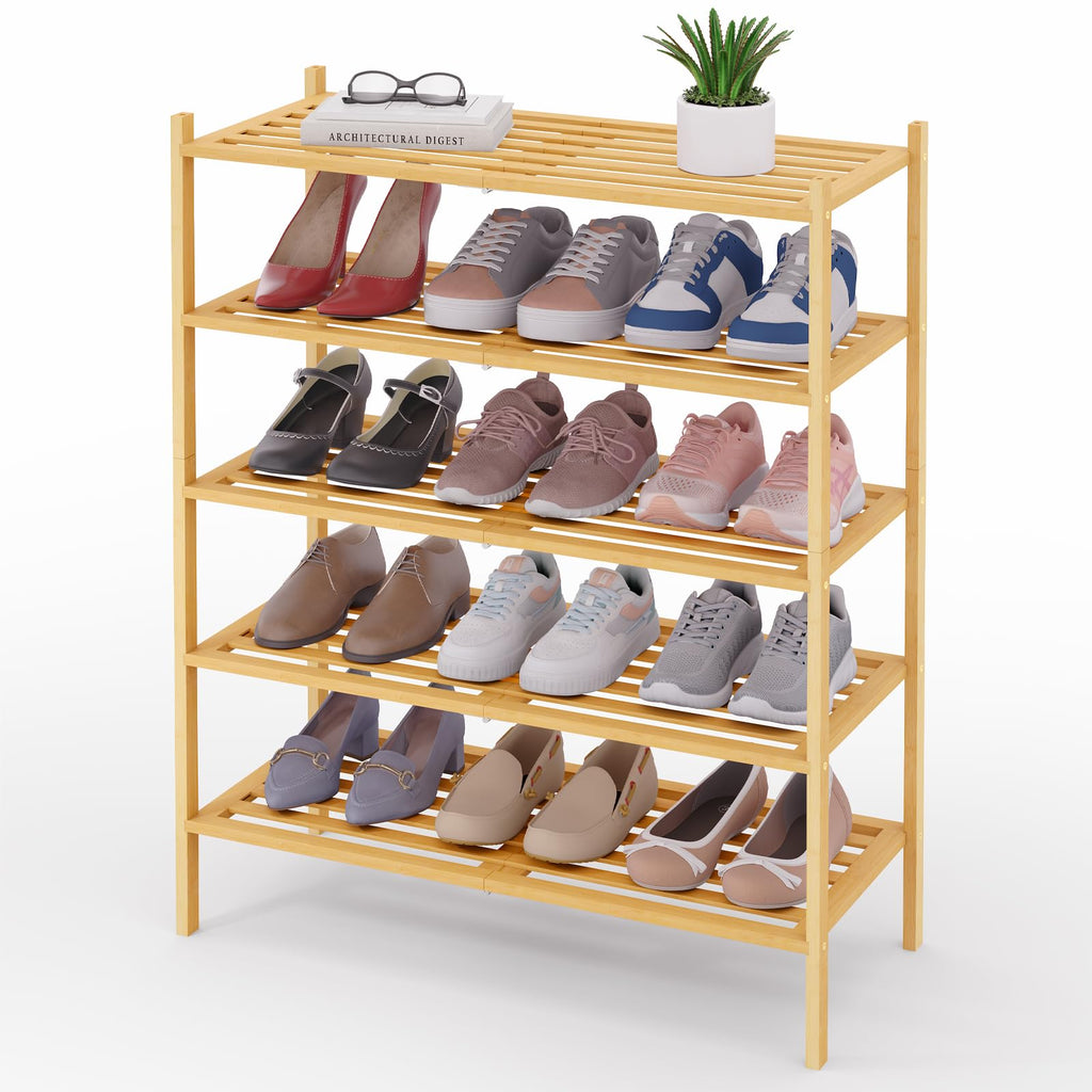 Smiry Bamboo Shoe Rack 3-Tier, Stackable Wooden Shoe Organizer for Entryway & Closet, Free Standing Wood Shoe Storage Shelf for Front Door & Small Spaces, Natural