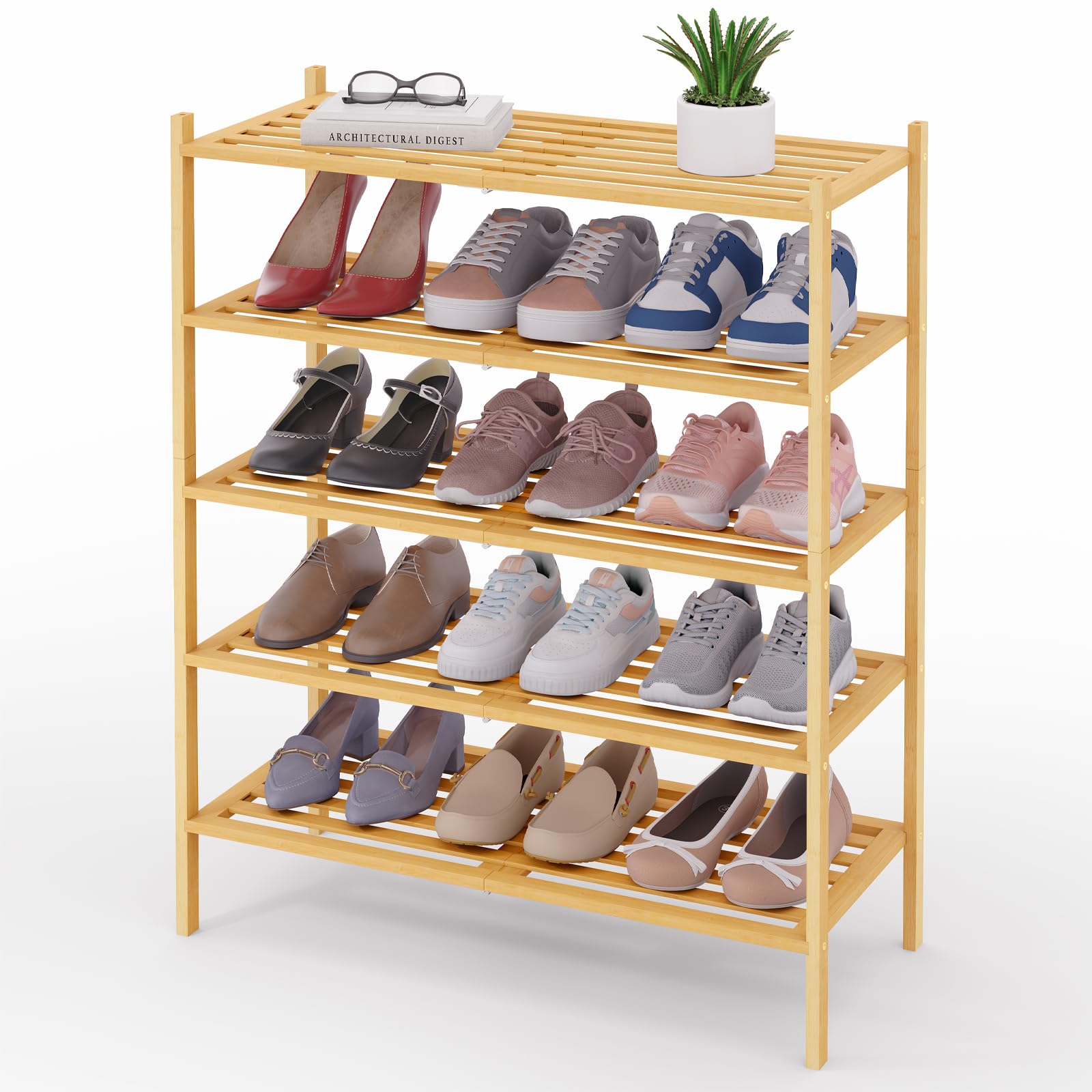 Smiry Bamboo Shoe Rack 3-Tier, Stackable Wooden Shoe Organizer for Entryway & Closet, Free Standing Wood Shoe Storage Shelf for Front Door & Small Spaces, Natural