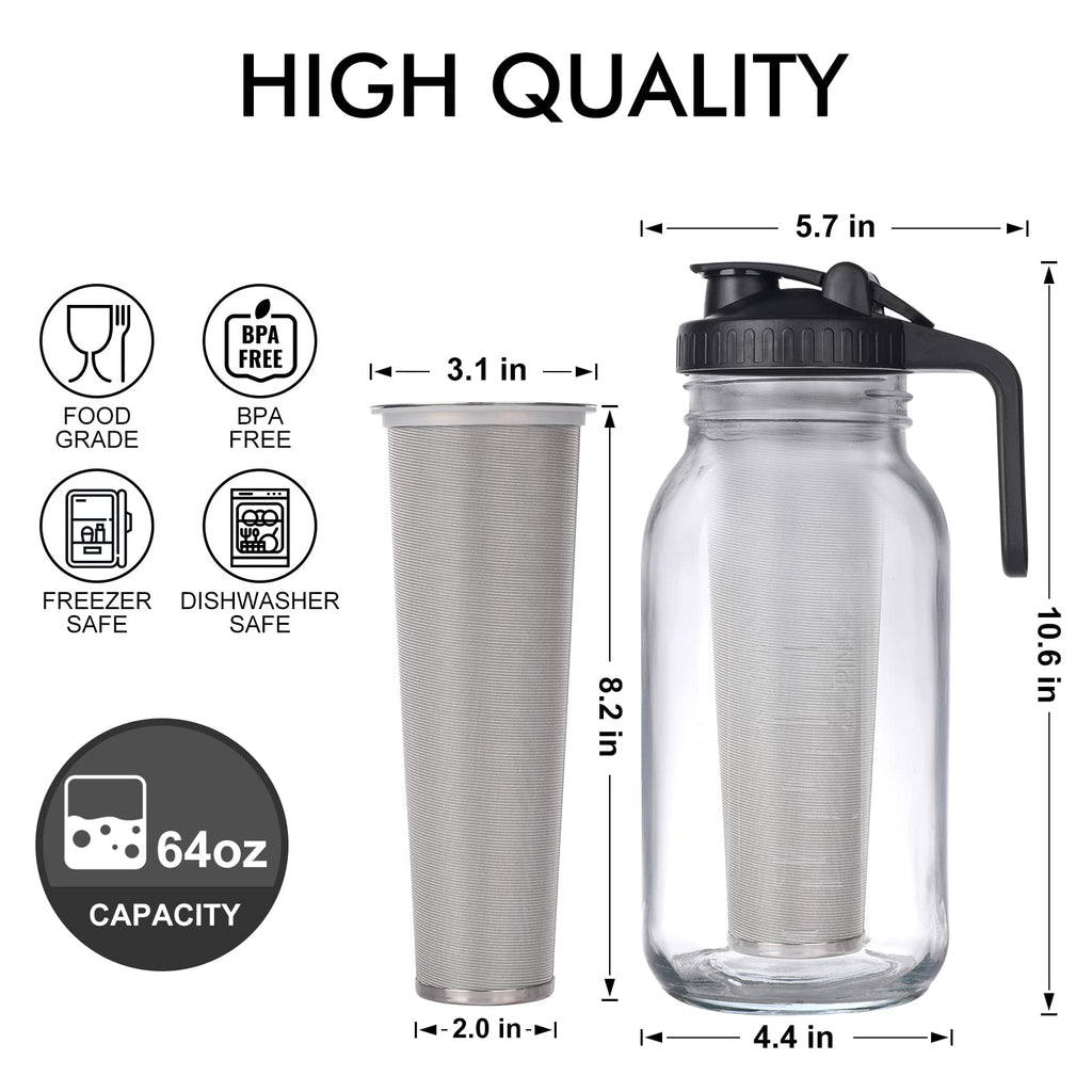 Cold Brew Mason Jar iced Coffee Maker, Durable Glass, - 64 oz (2 Quart / 1.9 Liter), With Handle& Stainless Steel Filter for Iced Brew Coffee, Lemonade, Ice Tea, Homemade Fruit Drinks Container