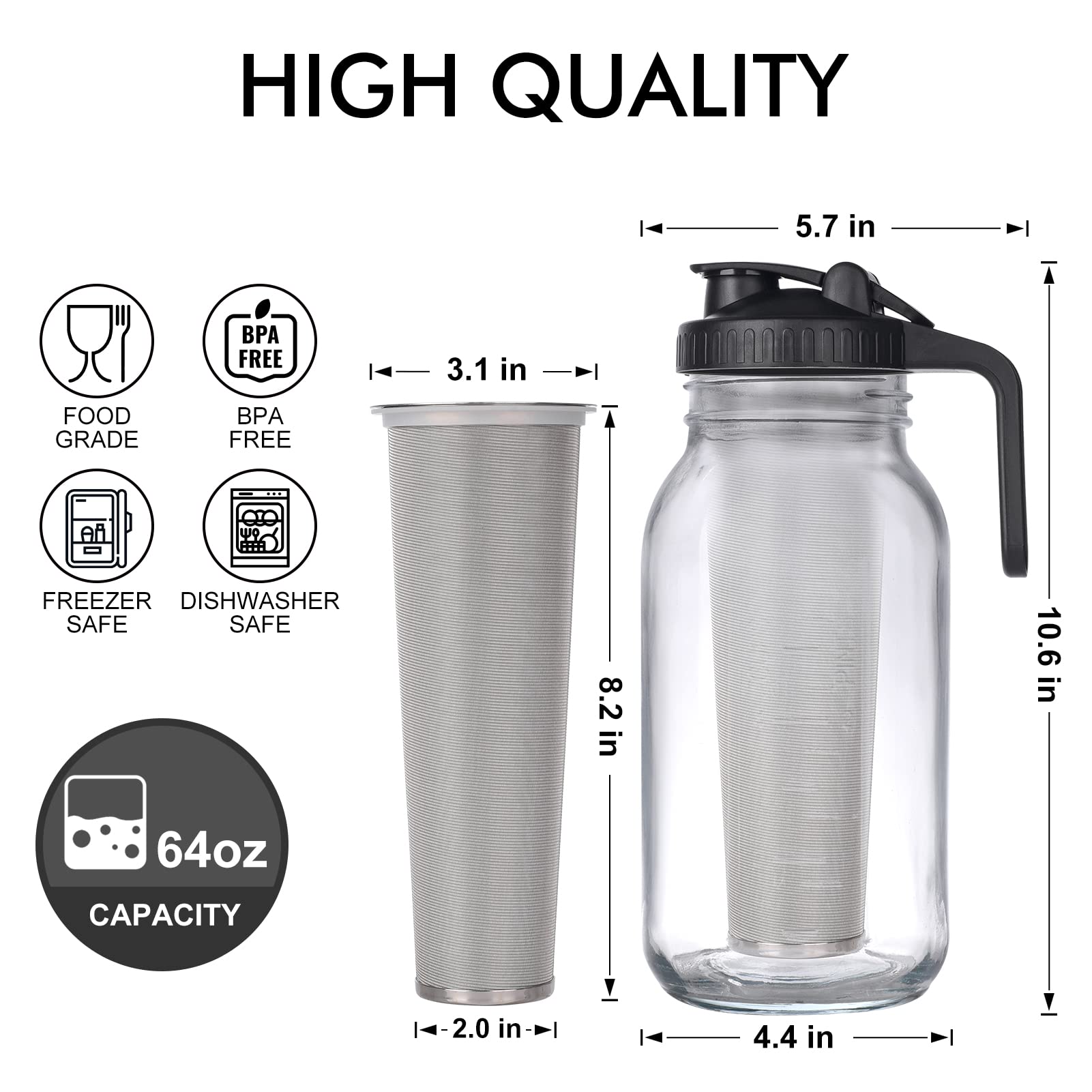 Cold Brew Mason Jar iced Coffee Maker, Durable Glass, - 64 oz (2 Quart / 1.9 Liter), With Handle& Stainless Steel Filter for Iced Brew Coffee, Lemonade, Ice Tea, Homemade Fruit Drinks Container