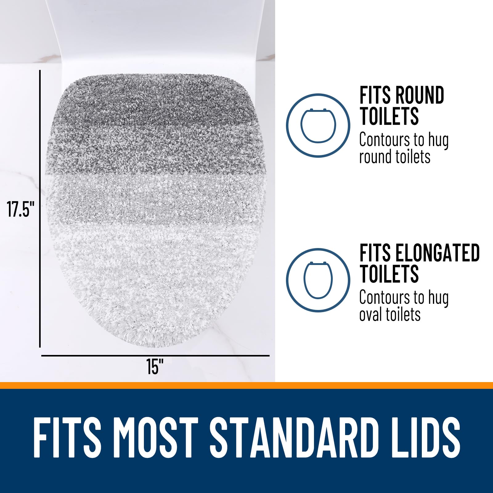 OLANLY Soft Microfiber Bathroom Toilet Lid Cover, Machine Washable Seat Covers, 17.5x15, Stays in Place Rubber Backing, Fits Most Round, Elongated and Oblong Lids, Accessories Decor, Gray