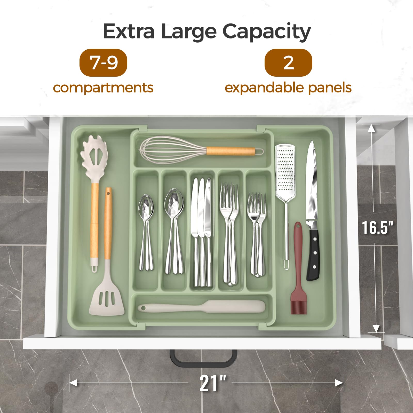 Extra Large Expandable Silverware Organizer, BPA-Free Food-Safe Cutlery Flatware Organizer, Kitchen Utensil Drawer Organizer, Adjustable Silverware Holder for Spoons Forks Knives, Black
