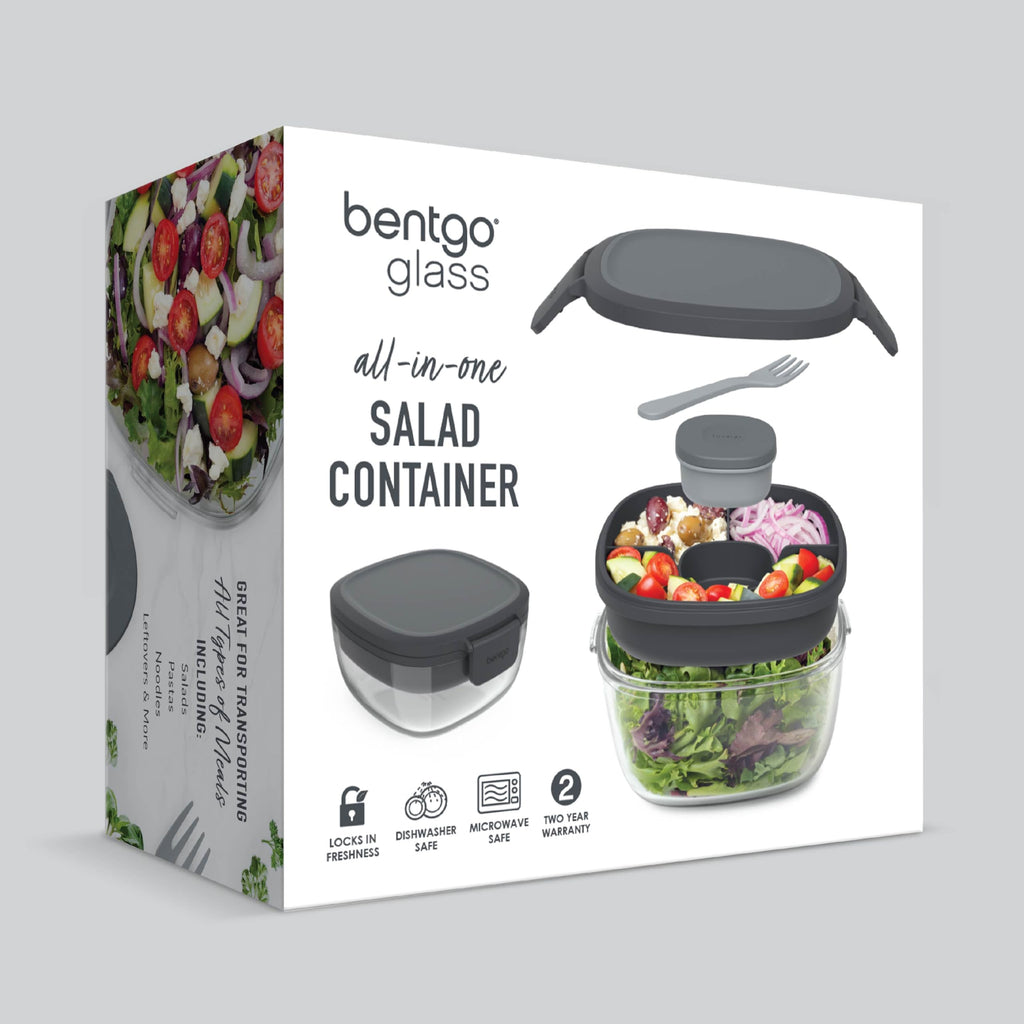 Bentgo Glass Salad Container - 7.6-Cup Salad Bowl with Airtight Lid, Leak-Proof Sauce Container, 4-Compartment Bento Tray & Reusable Fork - BPA-Free for Meal Prep, Office & More (Lavender)