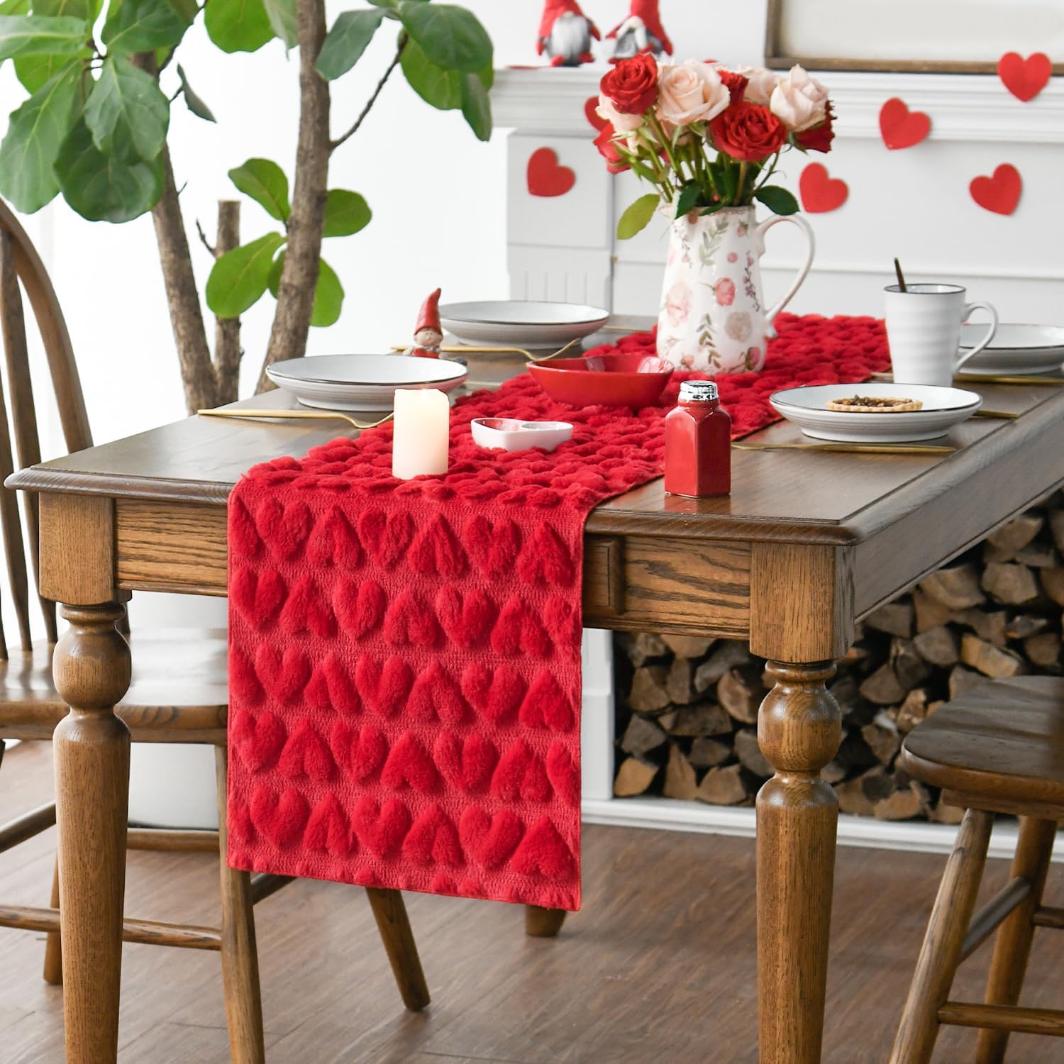 Artoid Mode Red Soft Plush Faux Fur Jacquard Heart Valentine's Day Table Runner, Seasonal Kitchen Dining Table Decoration for Home Party Decor 13x72 Inch