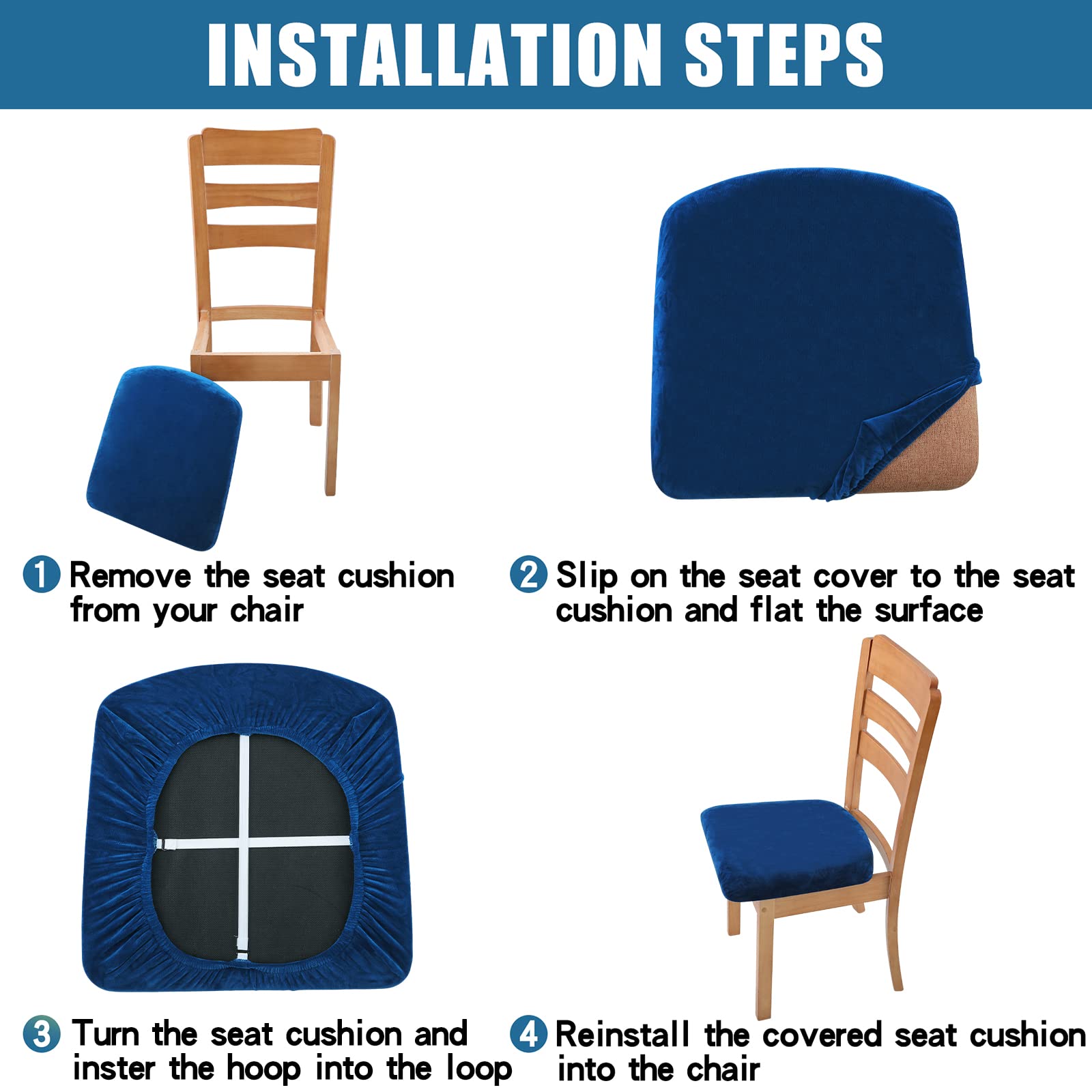 Smiry Velvet Seat Covers for Dining Room Chair Set of 4, Stretch Fit Removable Washable Chair Seat Cushion Protector Slipcovers with Ties, Black