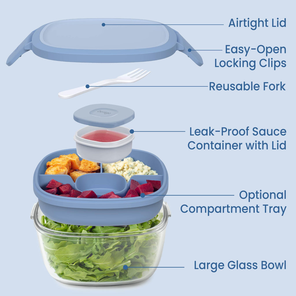 Bentgo Glass Salad Container - 7.6-Cup Salad Bowl with Airtight Lid, Leak-Proof Sauce Container, 4-Compartment Bento Tray & Reusable Fork - BPA-Free for Meal Prep, Office & More (Lavender)