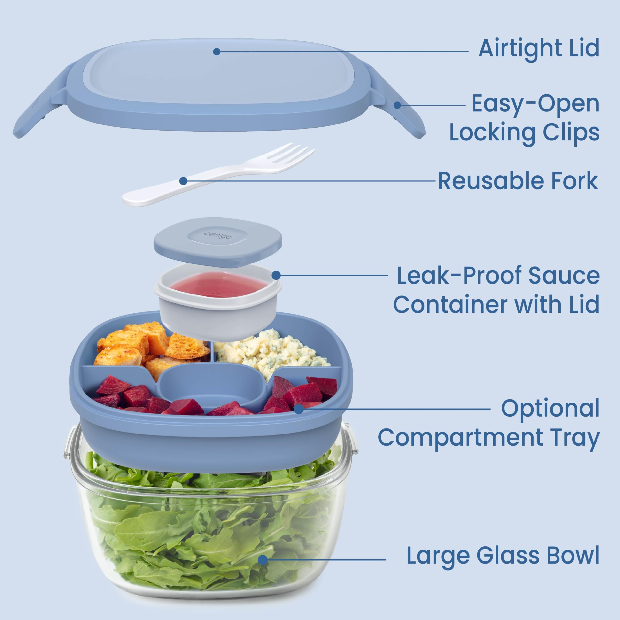 Bentgo Glass Salad Container - 7.6-Cup Salad Bowl with Airtight Lid, Leak-Proof Sauce Container, 4-Compartment Bento Tray & Reusable Fork - BPA-Free for Meal Prep, Office & More (Lavender)