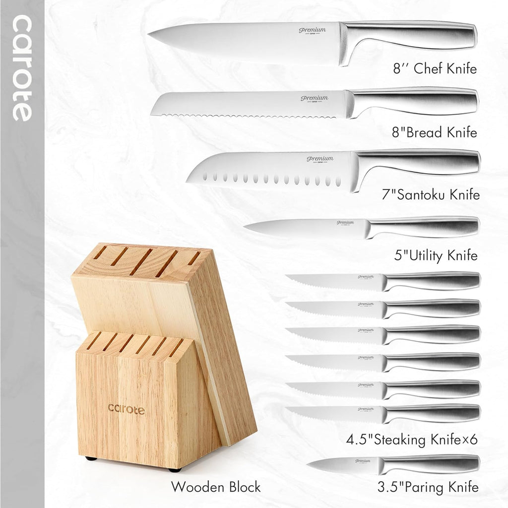 CAROTE 12-Piece Knife Set, All-Stainless Steel Knife Block Set, Kitchen Knives with Wooden Block, Razor-Sharp and Ergonomic, Dishwasher Safe