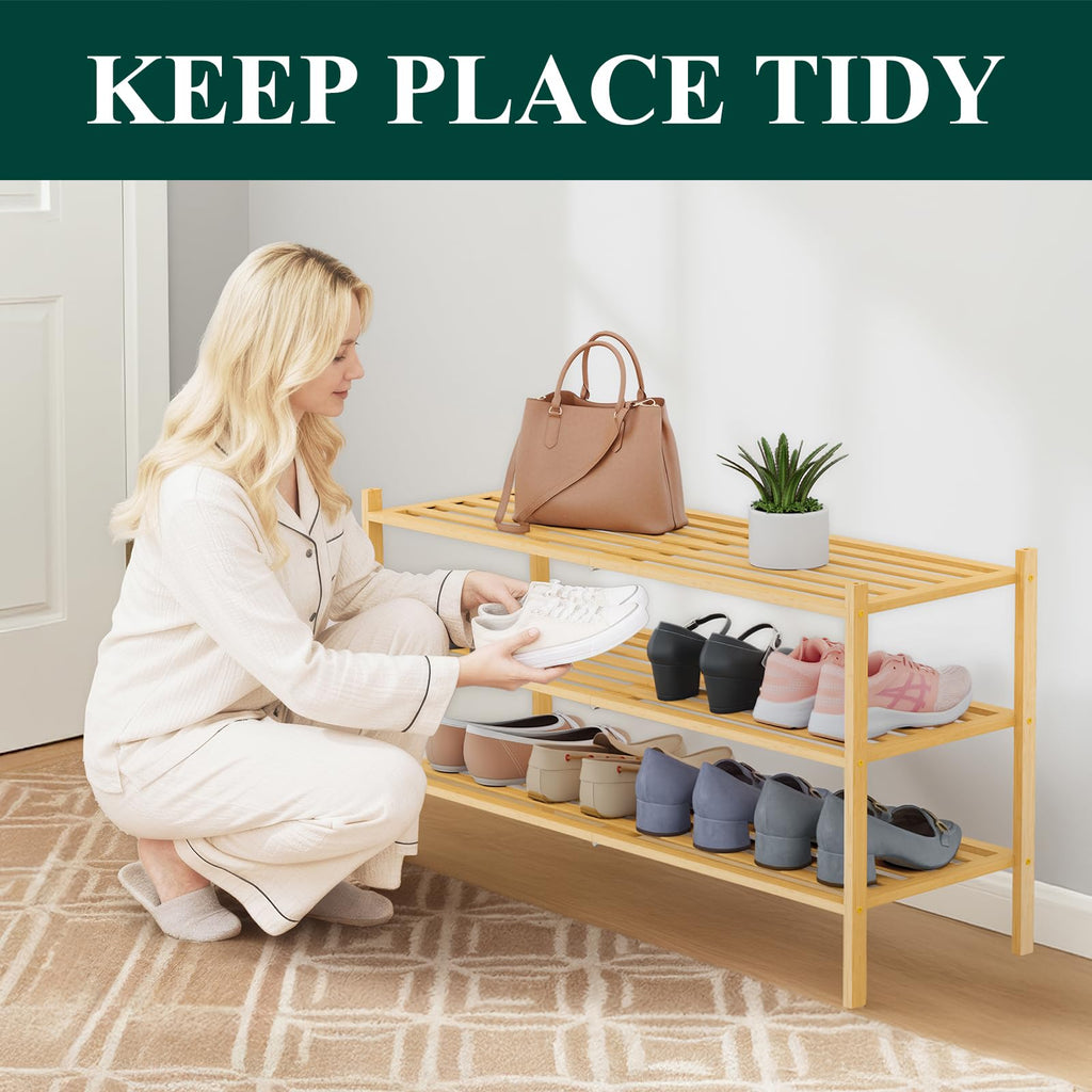 Smiry Bamboo Shoe Rack 3-Tier, Stackable Wooden Shoe Organizer for Entryway & Closet, Free Standing Wood Shoe Storage Shelf for Front Door & Small Spaces, Natural