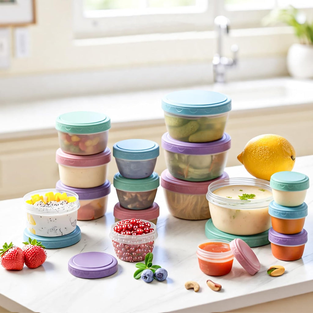 32 PCS Freezer Storage Containers with Lids, 16 Containers & 16 Lids Reusable BPA Free Plastic Soup Jars, Leakproof Salad Dressing Container to Go, Dishwasher & Microwave Safe Small Bowl Set