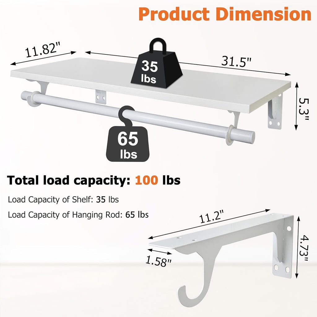 RedCall Wall Mounted Clothes Rack with Shelf, Heavy Duty Clothing Rack for Hanging Clothes, 31.5" Wall Mounted Coat Rack with Hanging Rod, Load up to 80 lb, for Entryway, Bedroom, Laundry Room, Closet