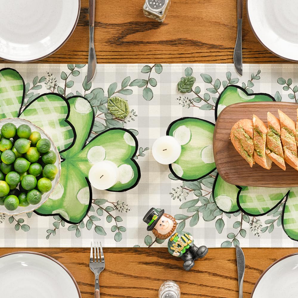 Artoid Mode Clover Shamrocks Eucalyptus Buffalo Plaid St.Patrick's Day Table Runner, Seasonal Kitchen Dining Table Runner for Home Party Decor 13x72 Inch