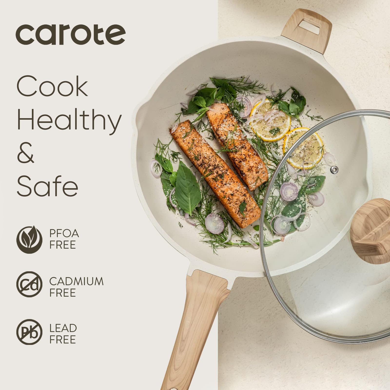 CAROTE 12Inch Nonstick Deep Frying Pan with Lid, 5.5 Qt Jumbo Cooker Saute Pan with Pour Spout, Skillet Induction Cookware, Non Stick Cooking Pan Kitchen Pan PFOA Free, White Granite