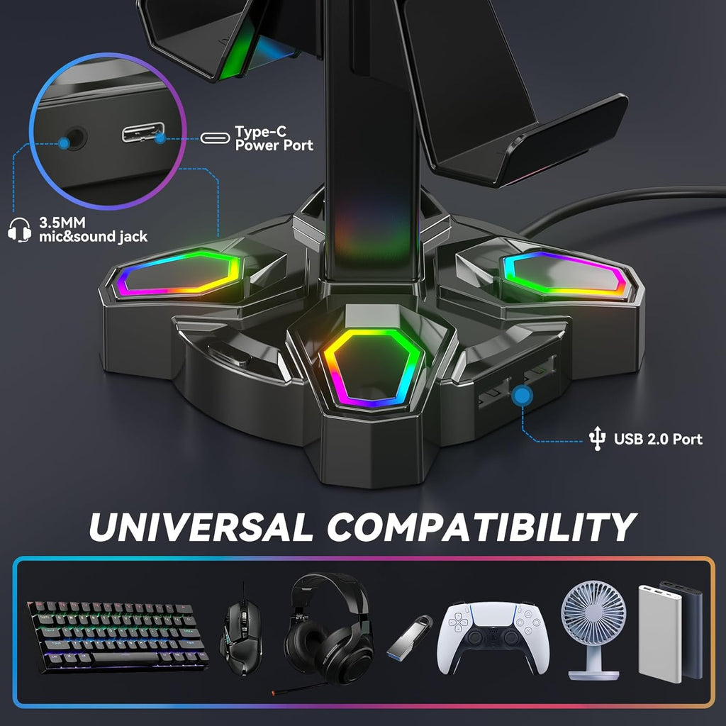 KDD Gaming RGB Headphones Stand & Controller Holder & Headset Holder for Desk - Rotatable Headset Stand with 9 Light Modes