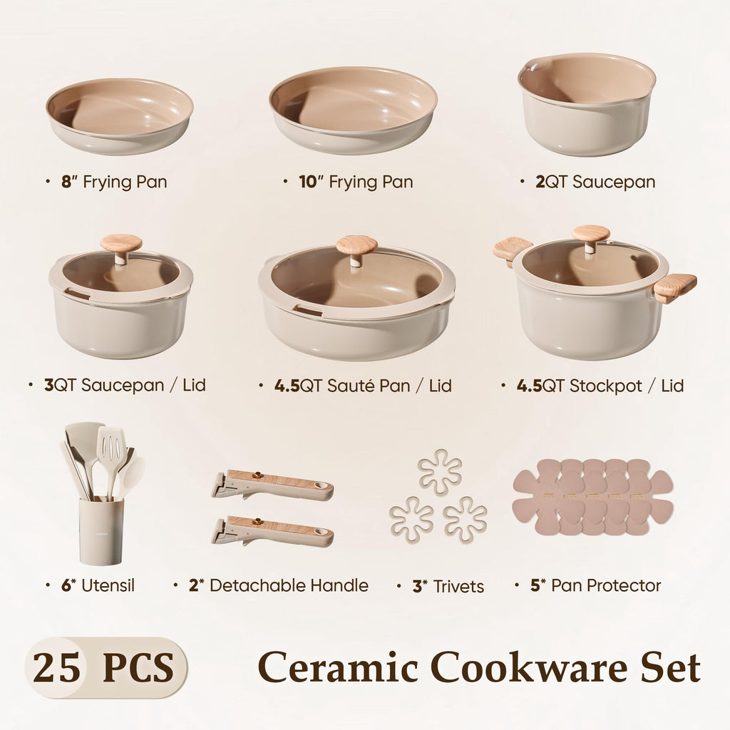 CAROTE 4pcs Ceramic Frying Pans Titanium Non Stick, 8"+10"+12” Frying Pan Egg Pan Omelet Pans with Detachable Handle, Nonstick Cookware, PFOA Free, Induction Compatible & Oven Safe, Dishwasher Safe