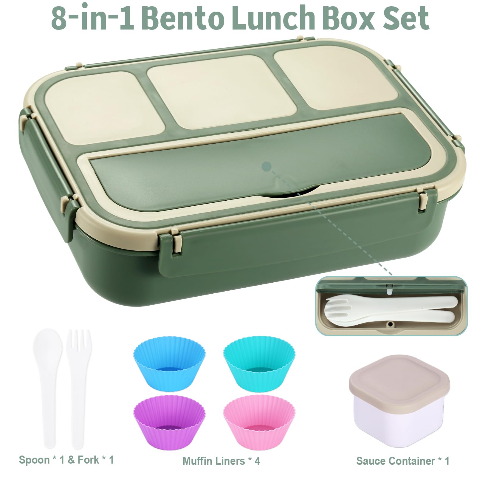Bento Box Adult Lunch Box, Containers for Adults Men Women with 4 Compartments, Lunchable Food Container with Utensils, Sauce Jar, Muffin Liners, 40 Oz/5 Cup, Microwave & Dishwasher Safe, Brown