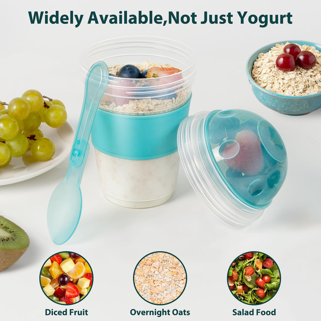 Freshmage Yogurt Parfait Cups with Lids, 2 Pack 20 oz Reusable Overnight Oats Containers with Lids, Topping Compartment & Spoon to Go for Breakfast Meal Prep, Portable & Lightweight (Blue&Green)