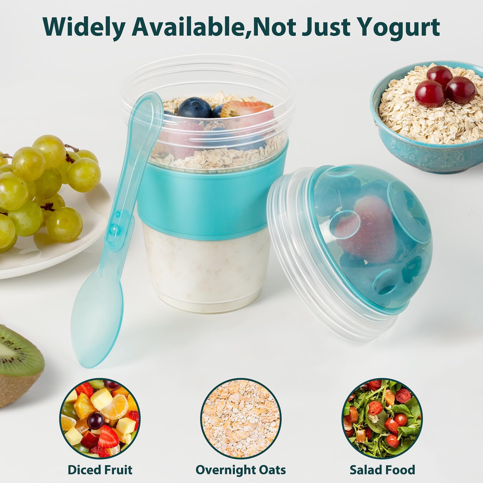 Freshmage Yogurt Parfait Cups with Lids, 2 Pack 20 oz Reusable Overnight Oats Containers with Lids, Topping Compartment & Spoon to Go for Breakfast Meal Prep, Portable & Lightweight (Blue&Green)
