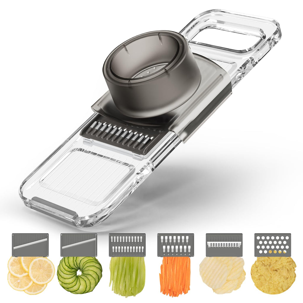 KEOUKE Transparent Multifunctional Mandoline Slicer - 6 Blades Interchangeable, Handheld Vegetable Cutter with Hand Guard for Kitchen, Onion, Garlic, Safe Food Slicer