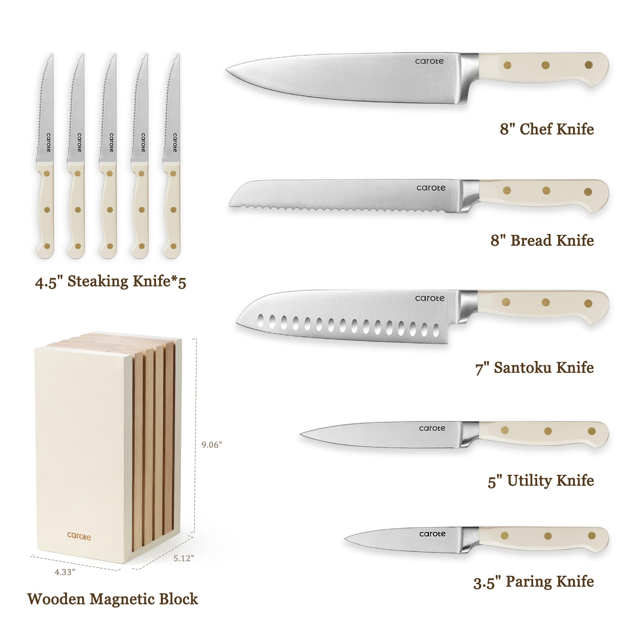 CAROTE 15Piece Knife Set, Kitchen Knife Block Set, Elegant White Ceramic-Coated Blades with Stylish Wooden Block for Modern Culinary Excellence