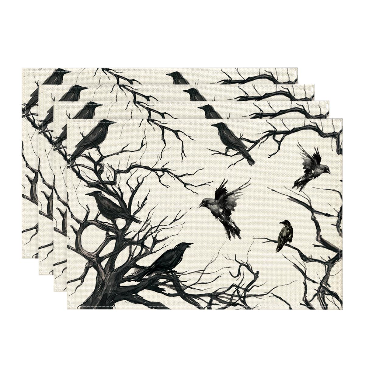 Artoid Mode Tree Crows Halloween Placemats Set of 4, 12x18 Inch Branches Fall Table Mats for Outdoor Home Party Kitchen Dining Decoration