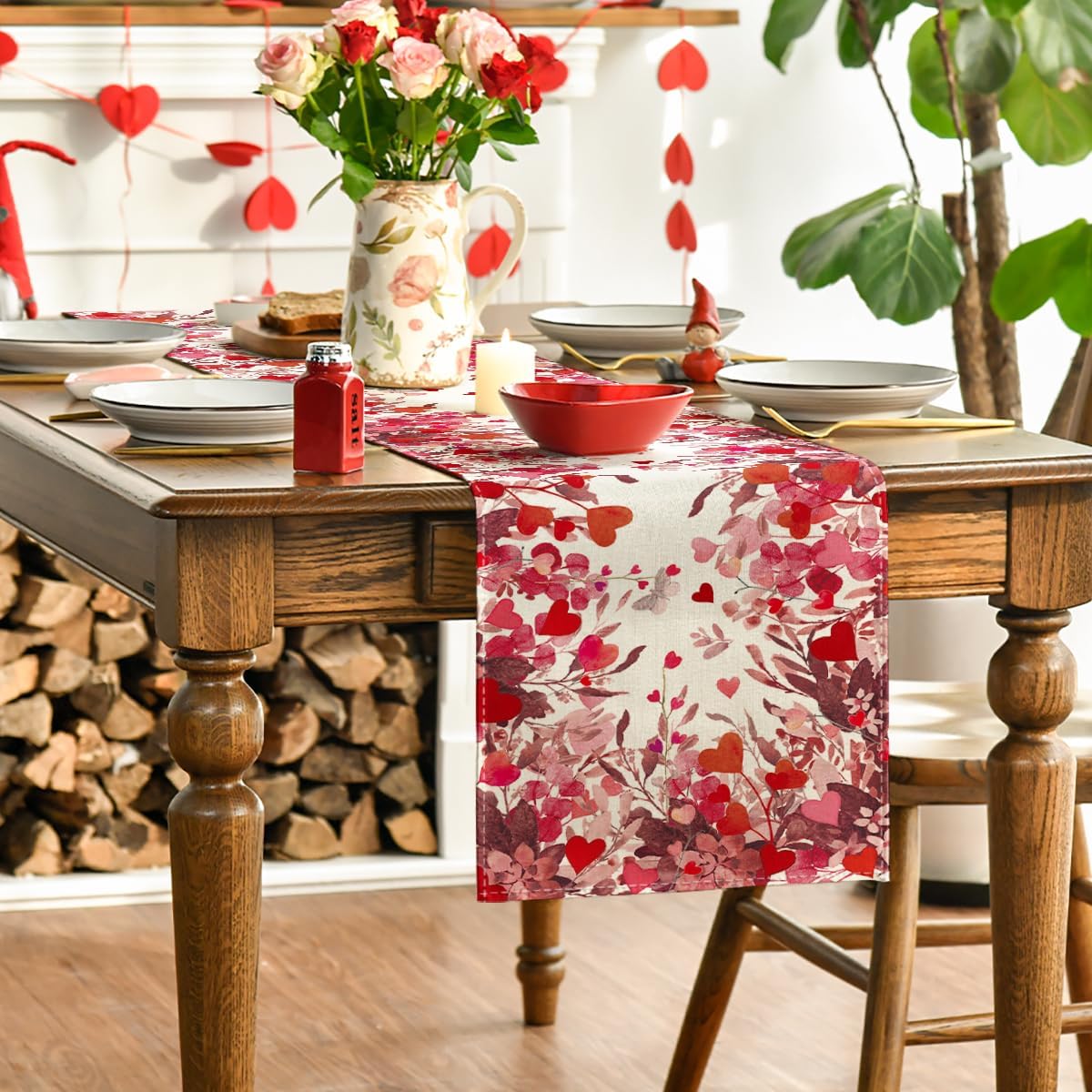 Artoid Mode Floral Red Love Heart Petals Table Runner, Wedding Kitchen Dining Table Decoration for Home Party Decor 13x72 Inch