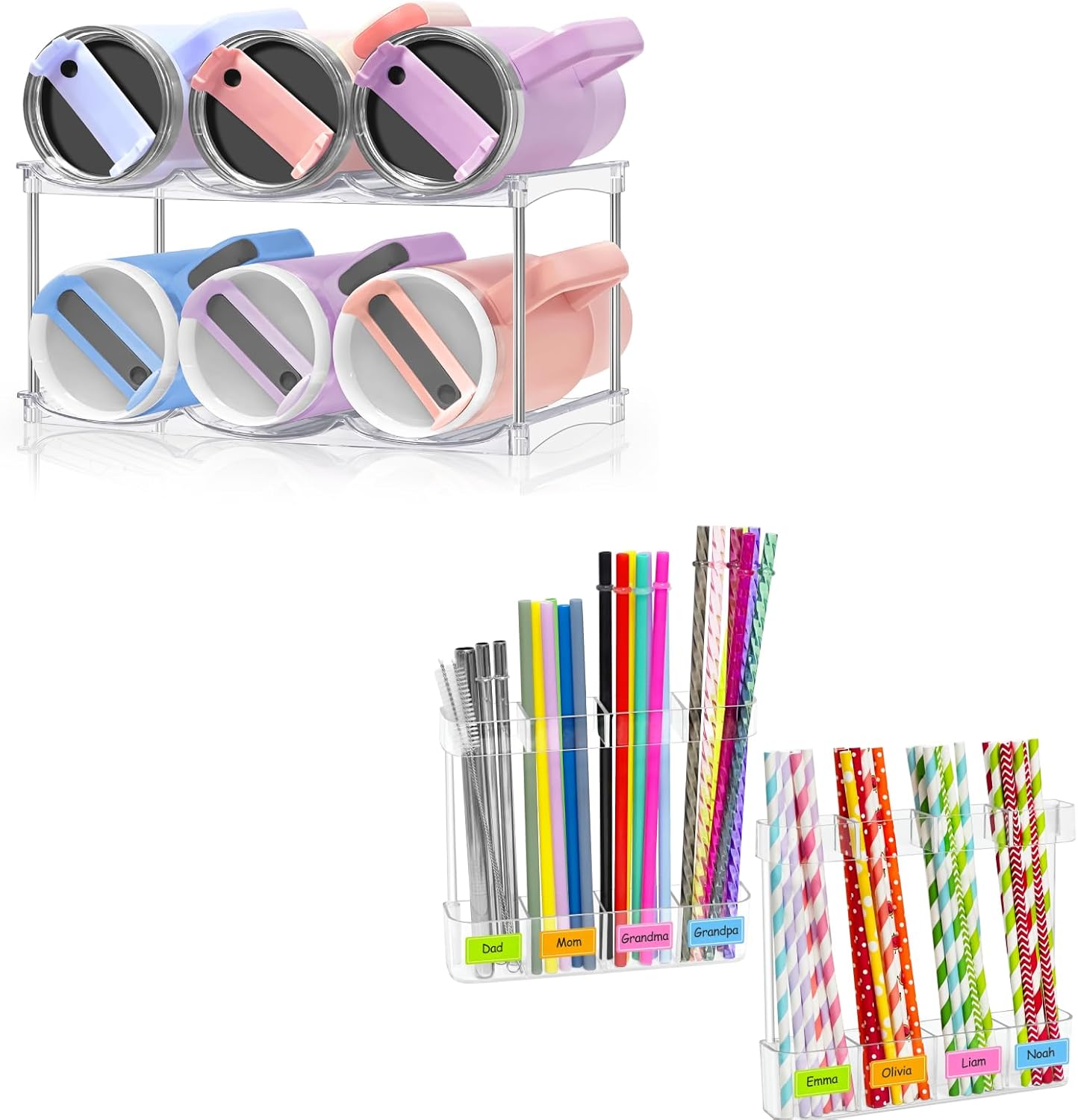 Homecor Water Bottle Organizer, Large Compartment Stackable Kitchen Pantry Organization and Storage Rack& 2 Pack Acrylic Straw Holder for Cabinet Door