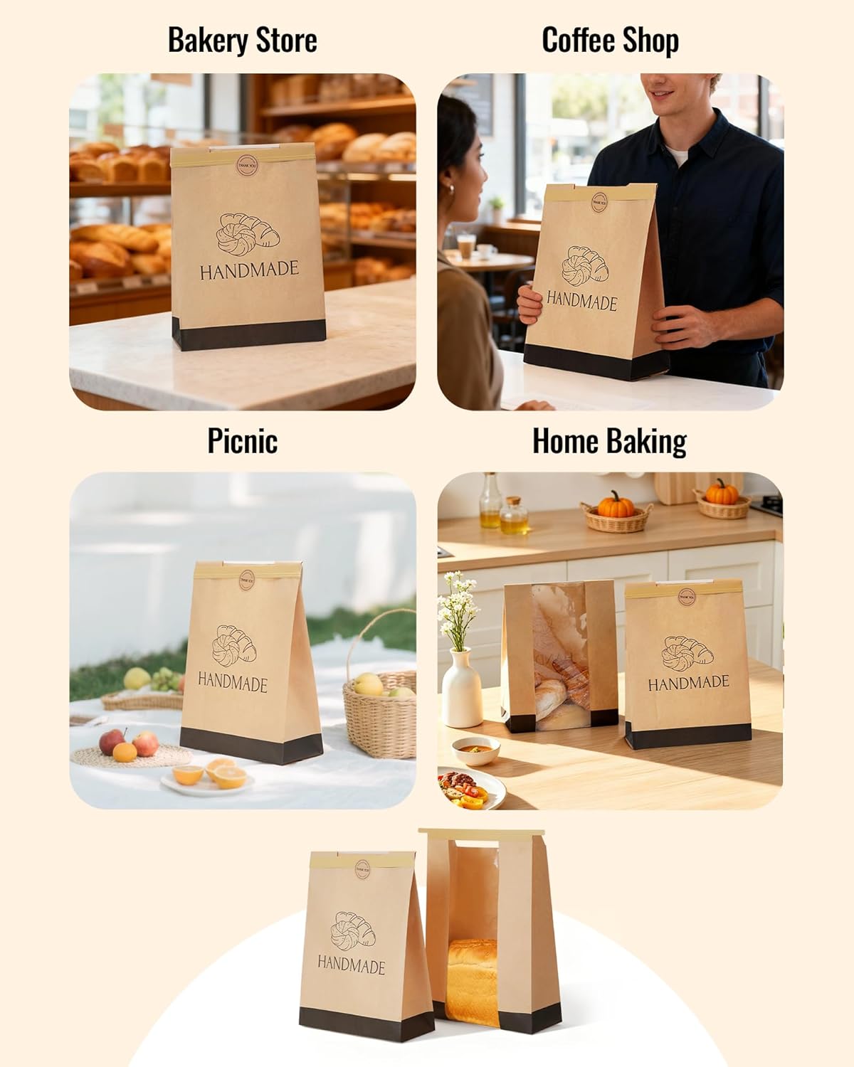 100Pcs Paper Bread Bags for Homemade Bread, 14 x 8.3 x 3.5 Inch Sourdough Bags with Tin Tie Tab Lock, Large Bread Storage Bags, Includes 126 Cute Seal Stickers