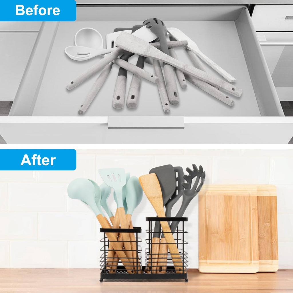 RedCall Utensil Holder for Countertop,Stainless Steel Kitchen Holder,2-In-1 Spoon Spatula Holder for Kitchen Counter,Large Wire Utensils Organizer,Cooking Tool Holder Storage Crock (2 Compartment)