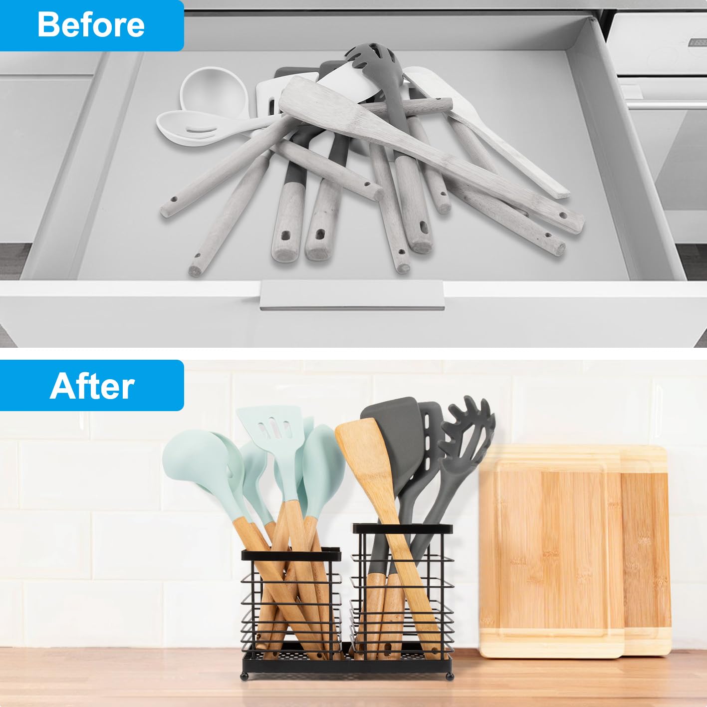 RedCall Utensil Holder for Countertop,Stainless Steel Kitchen Holder,2-In-1 Spoon Spatula Holder for Kitchen Counter,Large Wire Utensils Organizer,Cooking Tool Holder Storage Crock (2 Compartment)