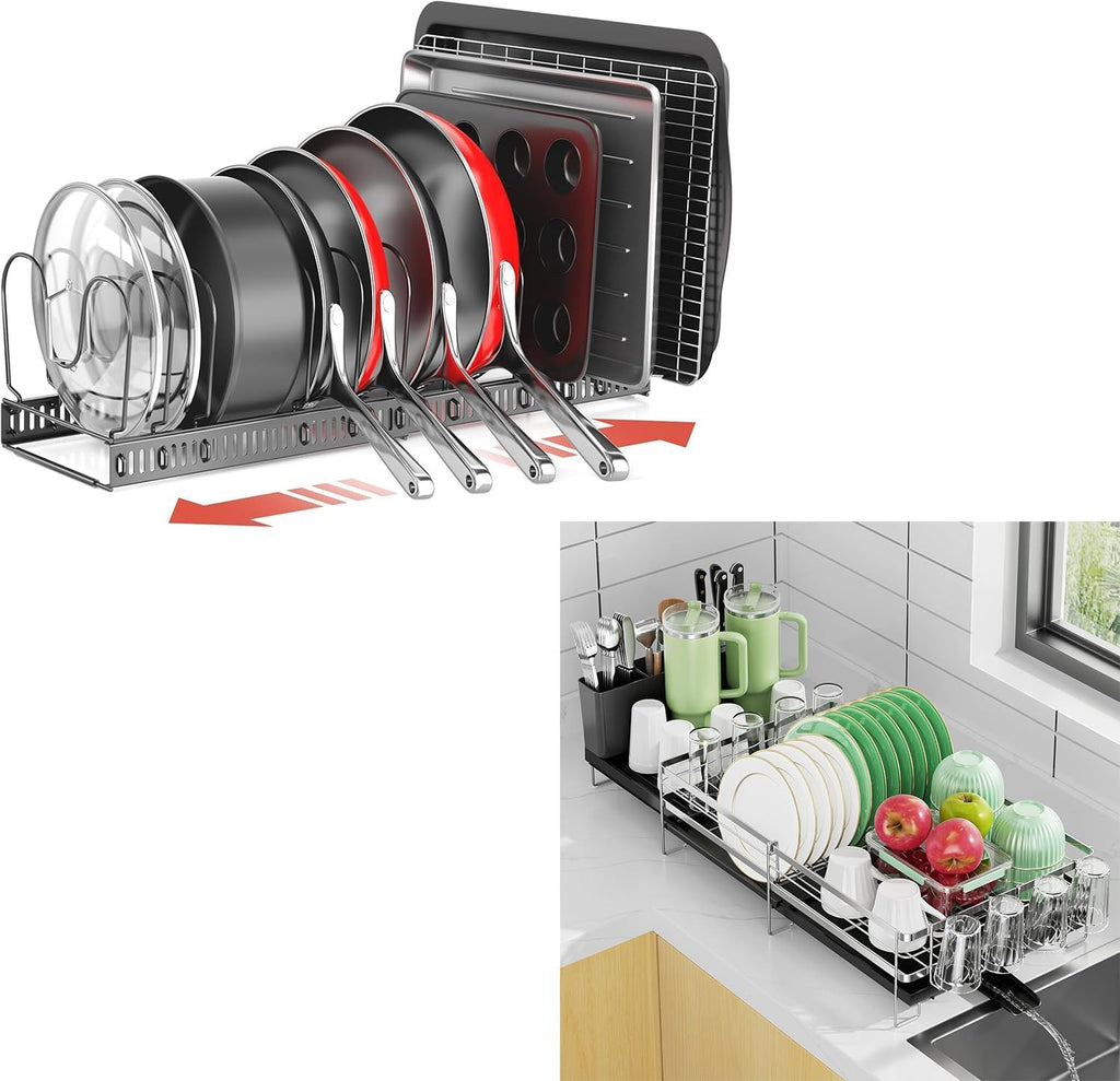 ORDORA Expandable 11.8"-22.8" Pots and Pans Organizer under Cabinet & Expandable Large Dish Drying Rack, Stainless Steel Anti-Rust Dish Rack for Kitchen Counter